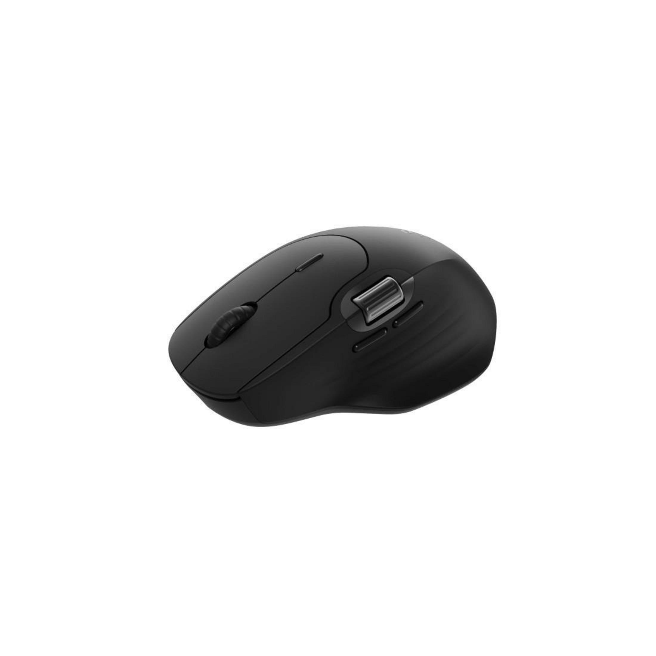 Mouse del computer nero con rotellina di scorrimento e pulsanti multipli su sfondo bianco.
