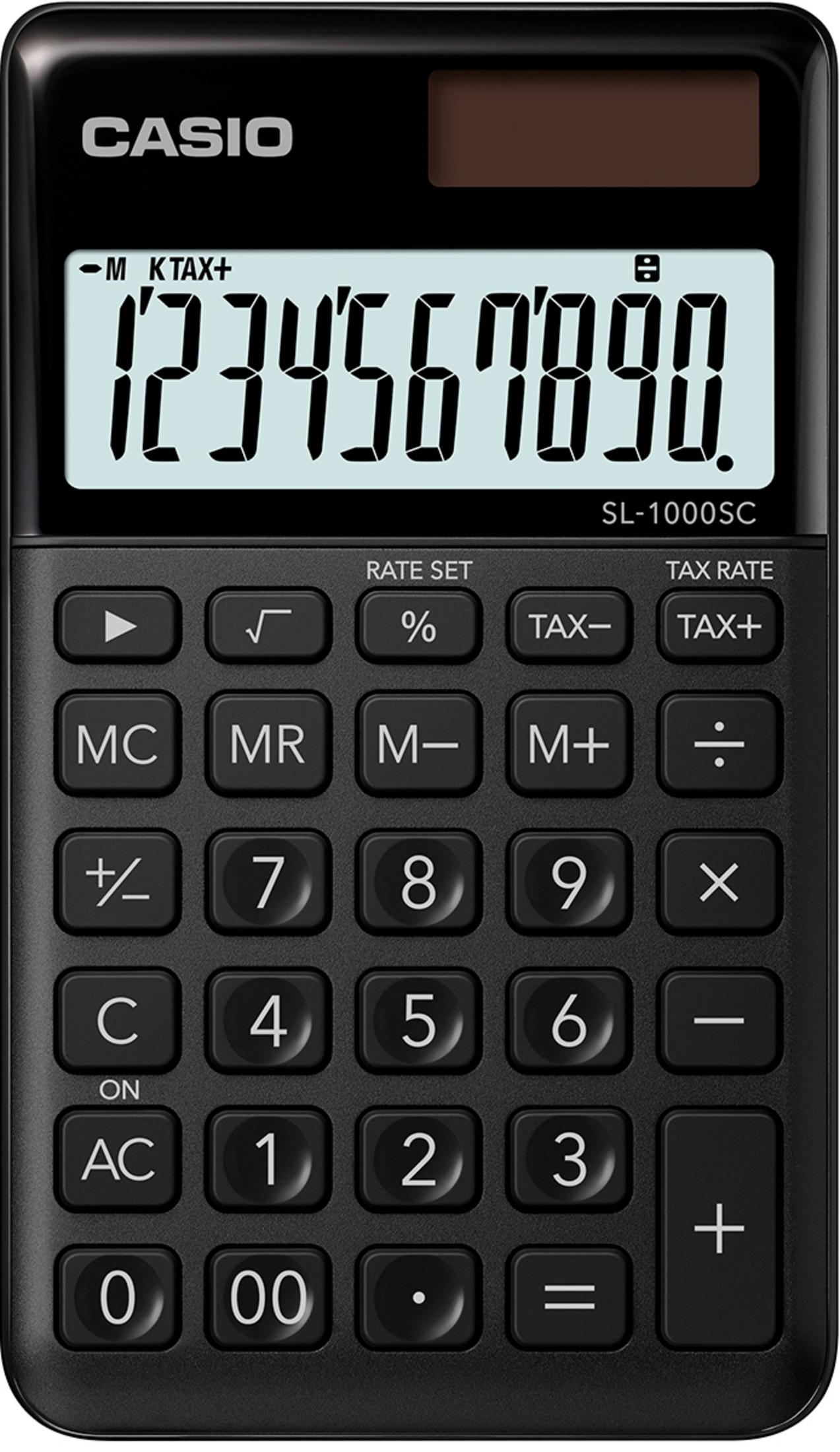 Ein schwarzer Casio Taschenrechner mit digitaler Anzeige von 1234567890.