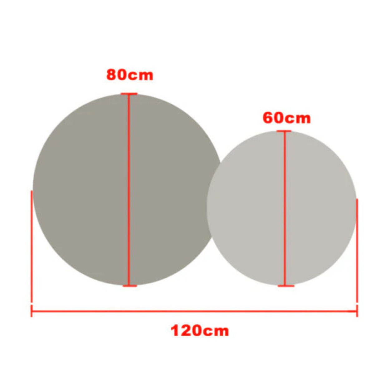 Twee cirkels, 80cm en 60cm, totale breedte 120cm.