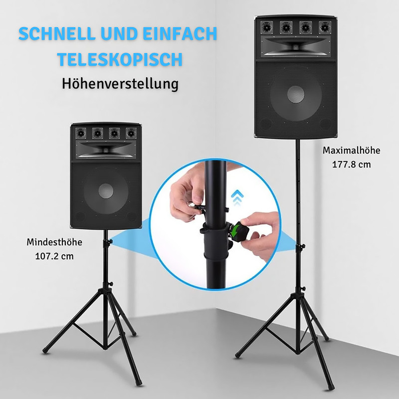 Zwei schwarze Lautsprecherständer mit Lautsprechern, einer niedriger als der andere.
