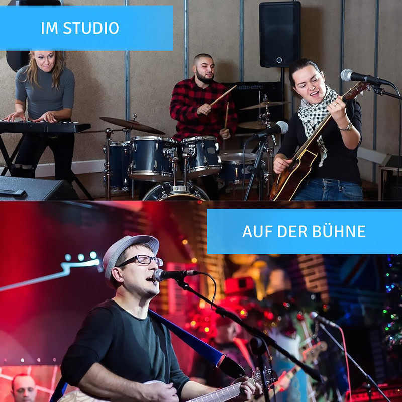 Musiker spielen Instrumente im Studio und auf der Bühne.