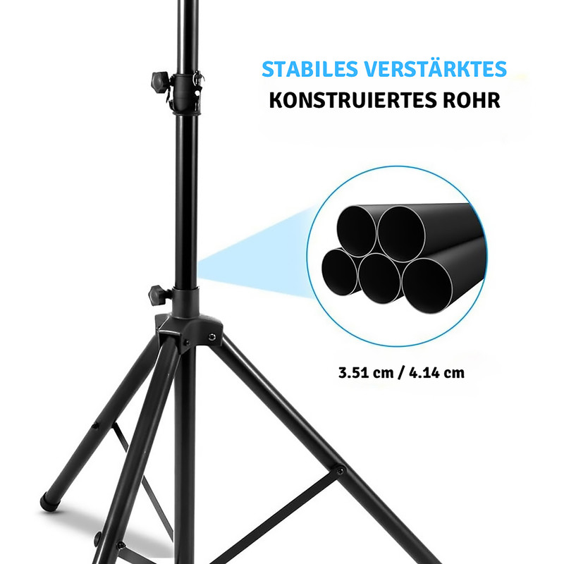 Stabiler Stativfuß mit verstärkten Rohren und Maßen.