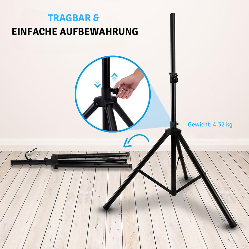 Ein ausklappbarer Ständer mit verstellbarem Drehknopf und Gewichtsanzeige.
