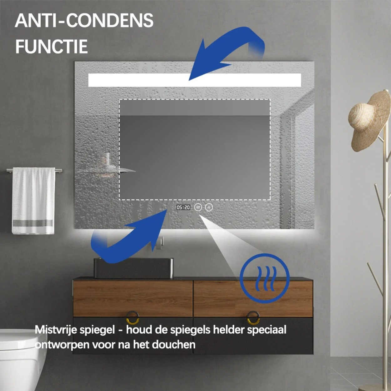 Anti-condens spiegel met LED-verlichting, tijd- en Bluetooth-display. Badkamer.