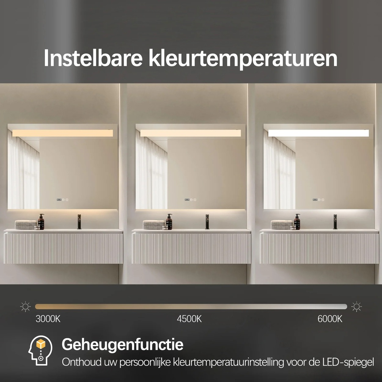 Badkamerspiegel met instelbare kleurtemperatuur, van warm wit tot koel wit.