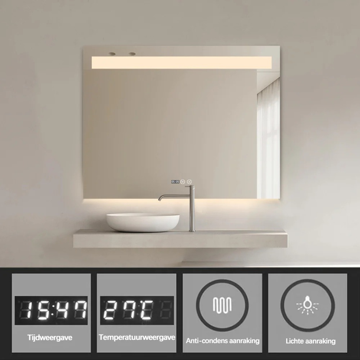 Moderne verlichte spiegel met wastafel, kraan en digitale displays.