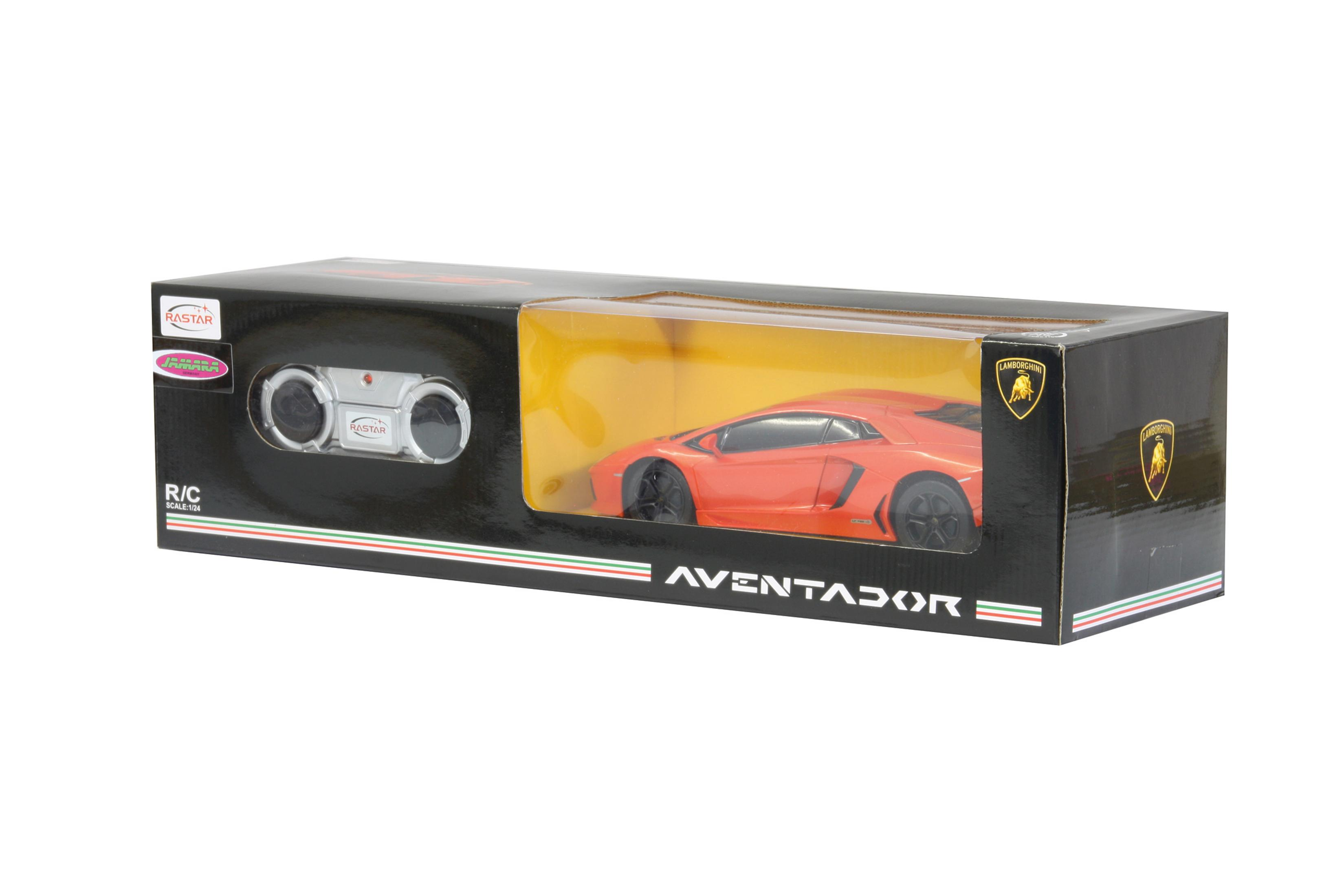Verpackung eines roten Rastar Lamborghini Aventador RC-Autos mit Fernbedienung.