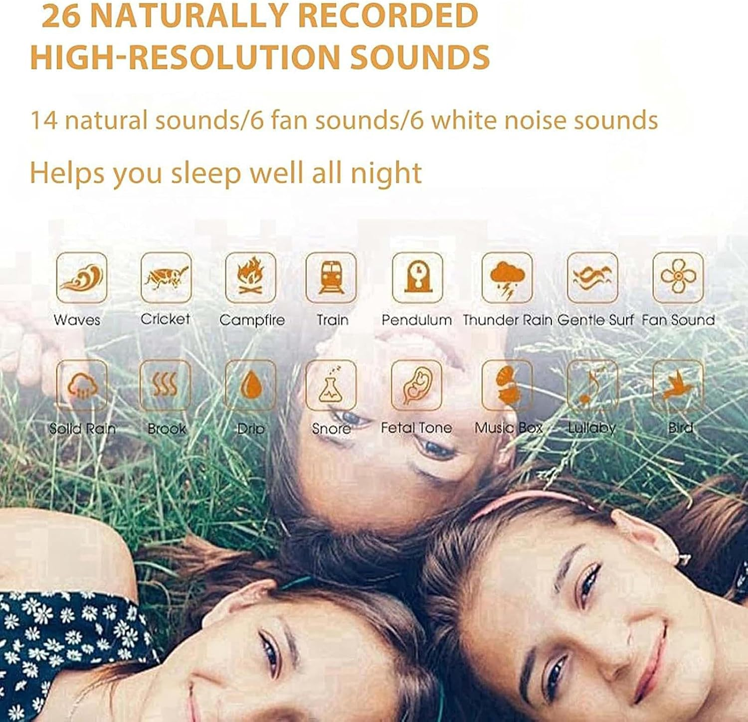 Drei Mädchen liegen im Gras. Symbole für 26 Sounds. 14 natürl. Sounds/6 Lüfter/6 weißes Rauschen.