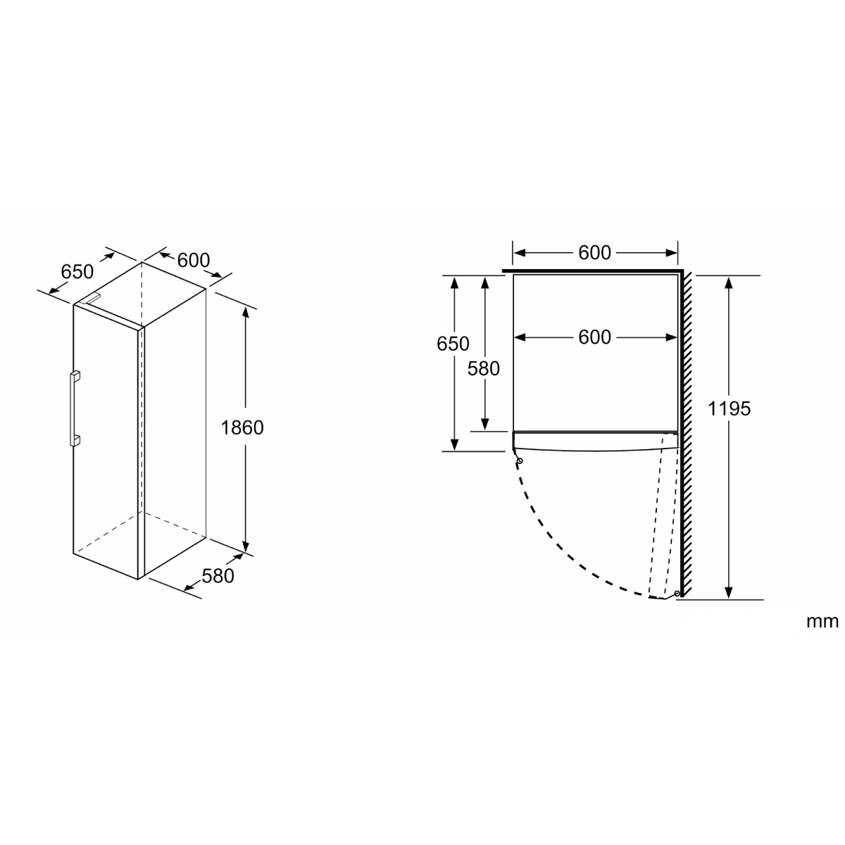Technische Zeichnung eines Schranks mit Maßen: Breite 600mm, Tiefe 650mm, Höhe 1860mm.