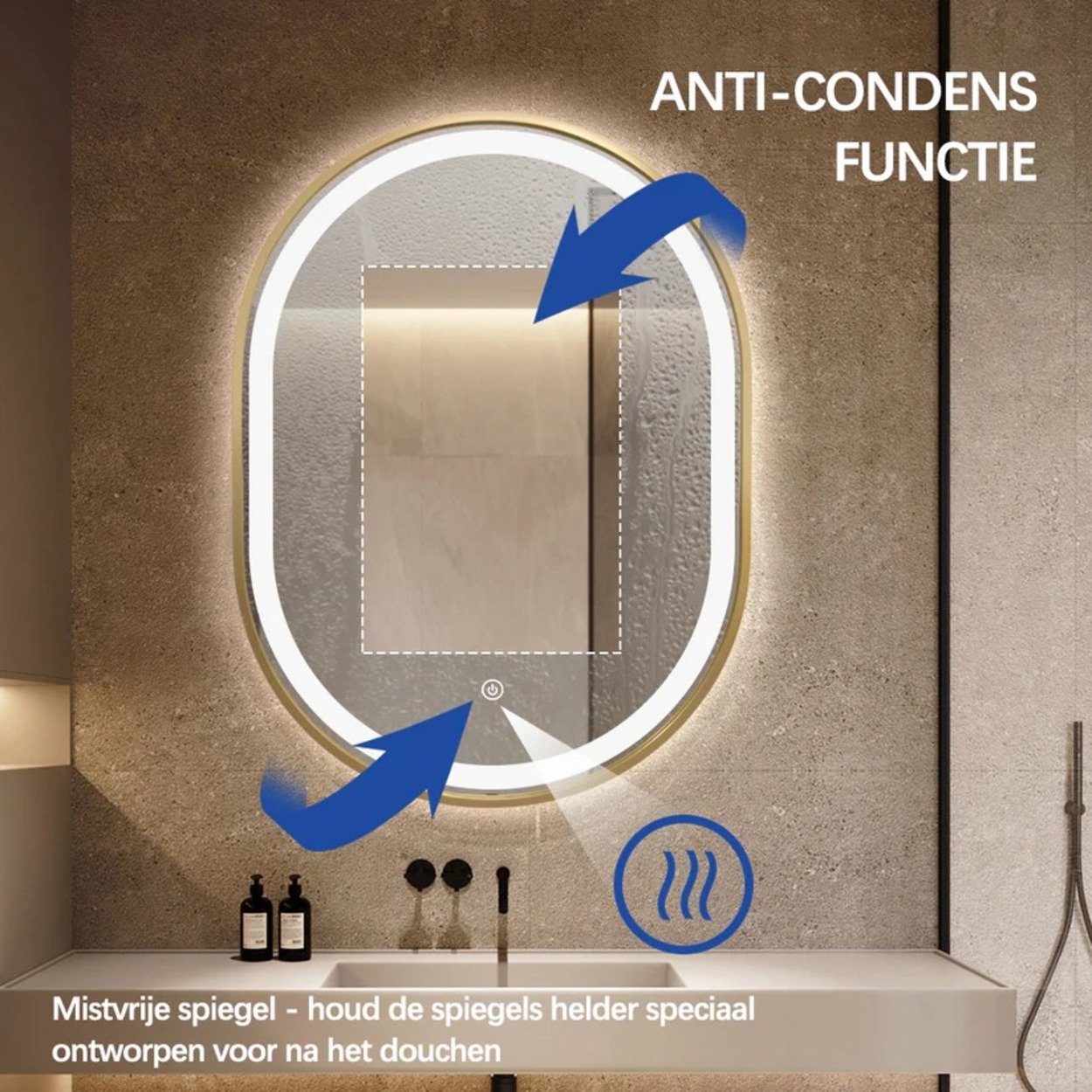 Ovalen verlichte spiegel met anti-condensfunctie boven een wastafel.