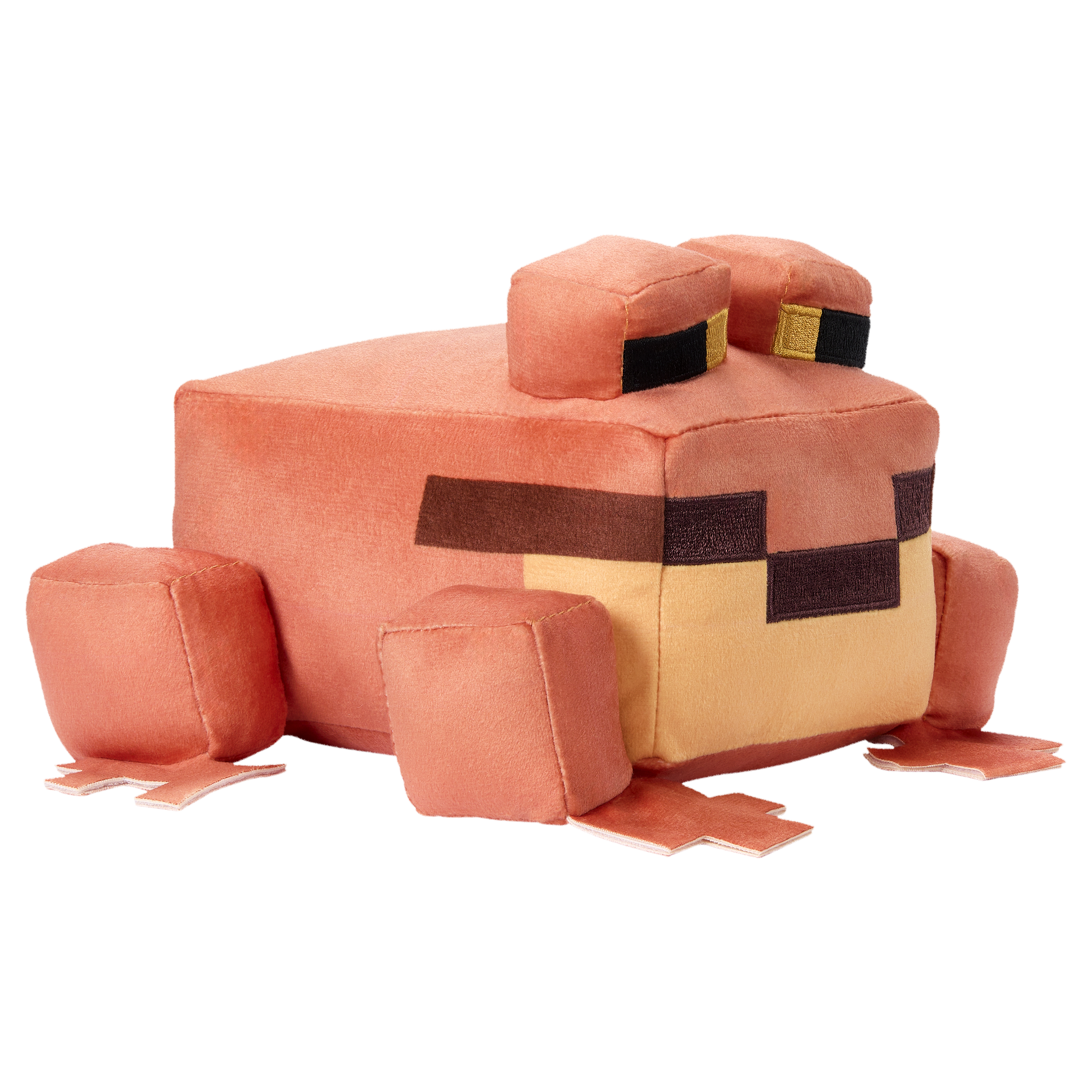 Un peluche de rana color coral con extremidades y ojos cuadrados.