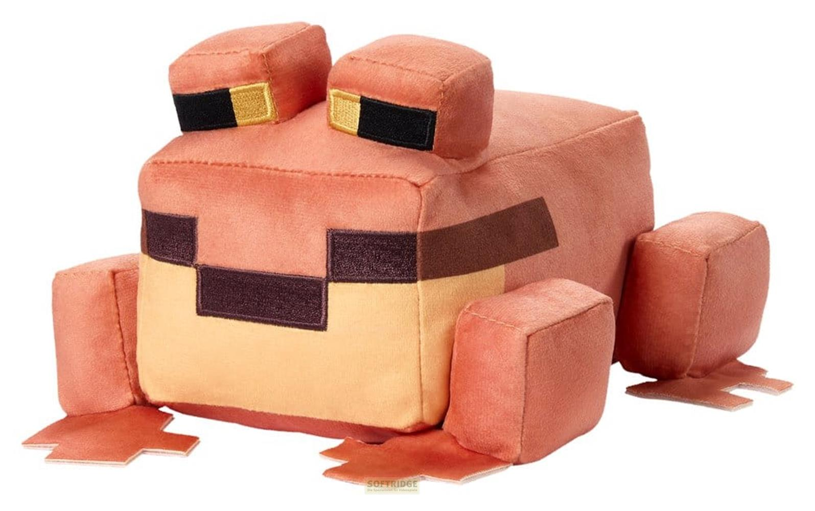 Un peluche de rana con cuerpo cuadrado, piel naranja, ojos amarillos y detalles marrones.