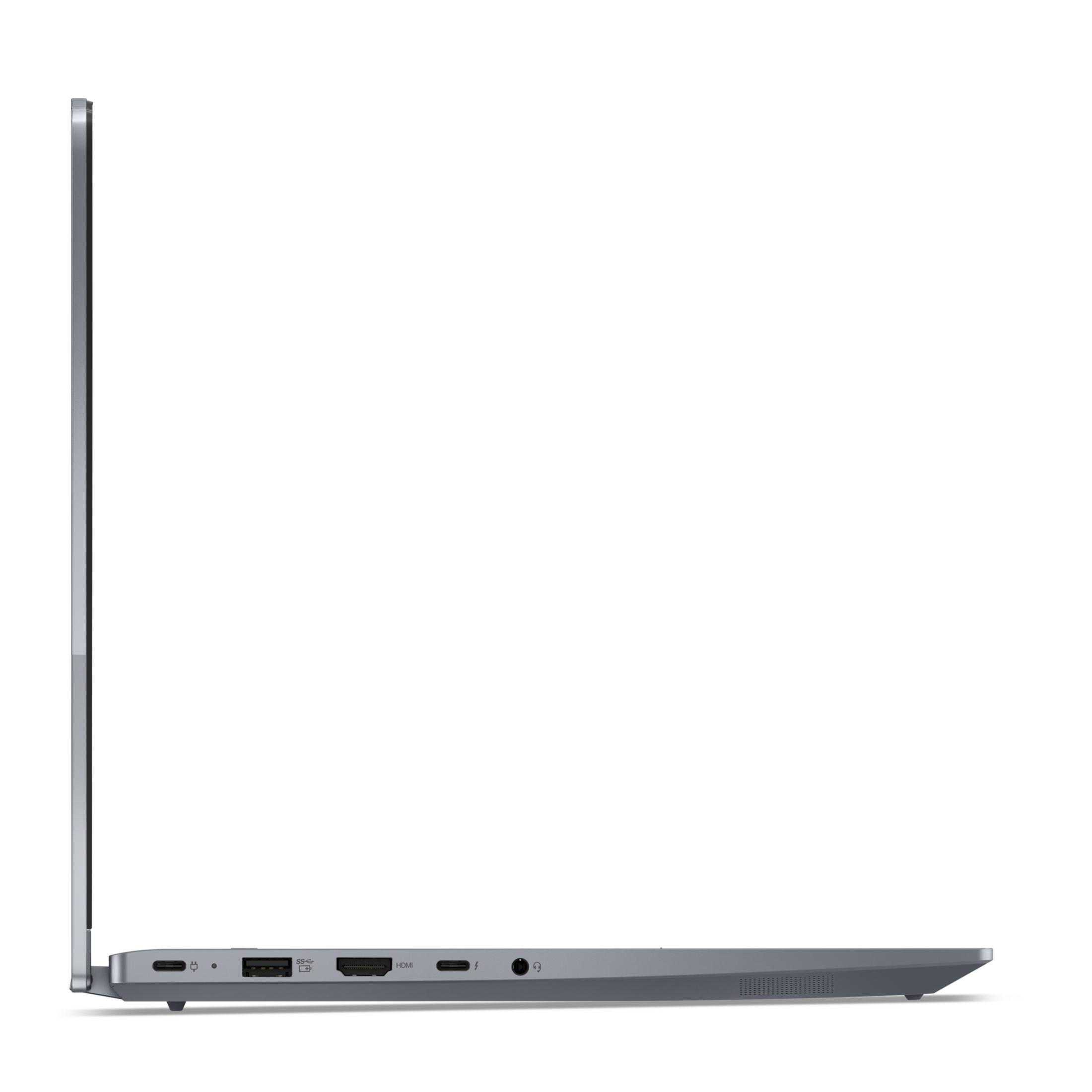 Graues Laptop-Profil mit Anschlüssen: USB-C, USB-A, HDMI, Kopfhörerbuchse.