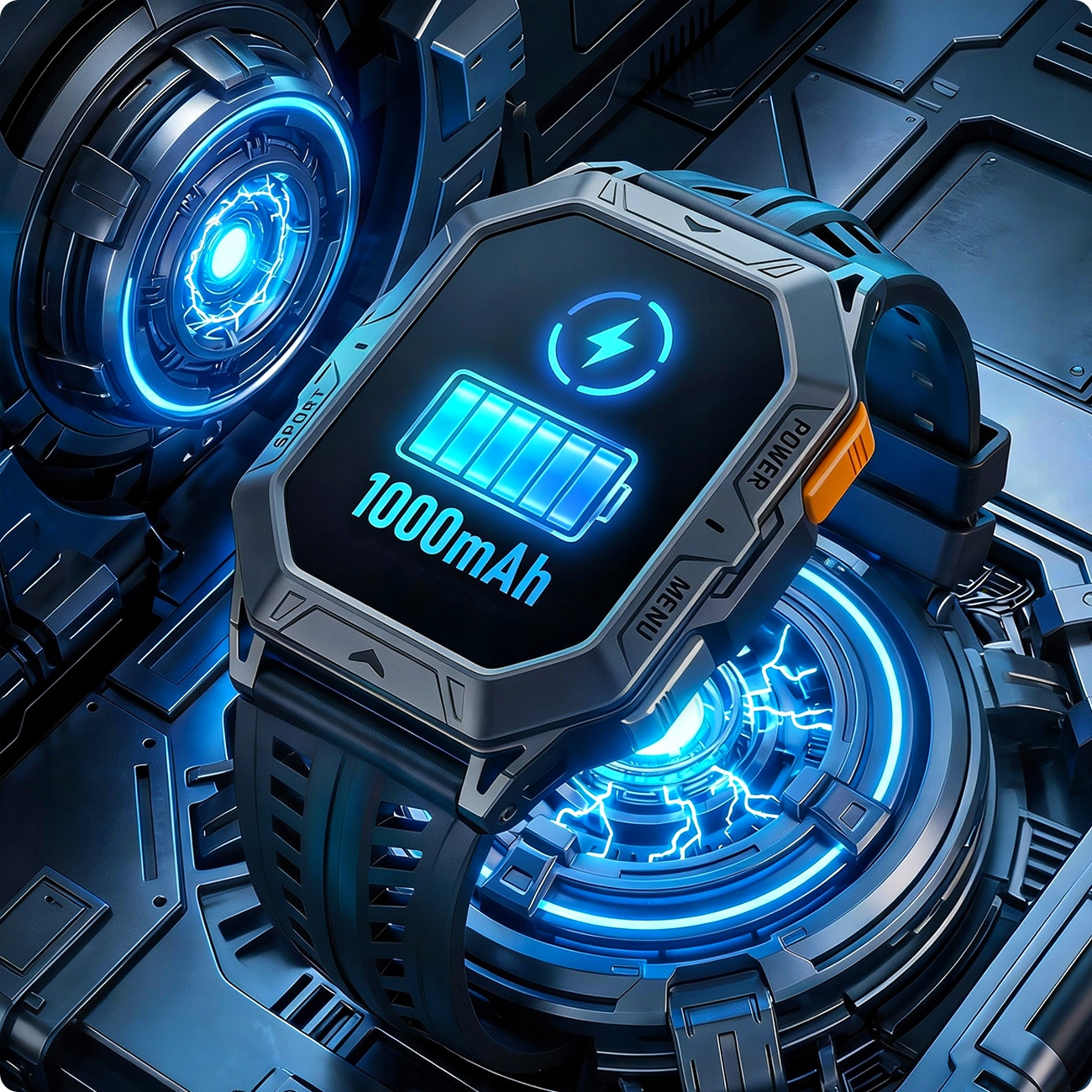Zegarek smartwatch z pełną baterią 1000 mAh na futurystycznej, podświetlanej na niebiesko podstawie.