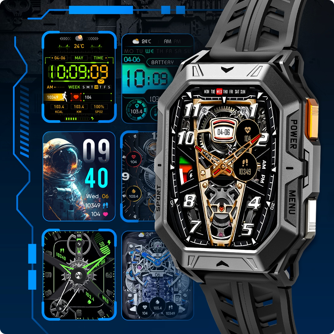 Smartwatch wyświetlający wiele tarcz zegarka, w tym astronautę i projekt mechaniczny.