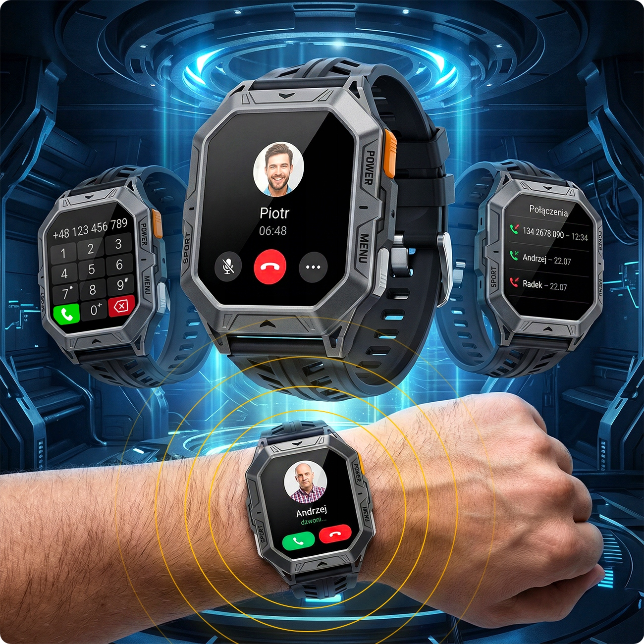 Wiele smartwatchów wyświetla połączenia, klawiaturę i listę połączeń.