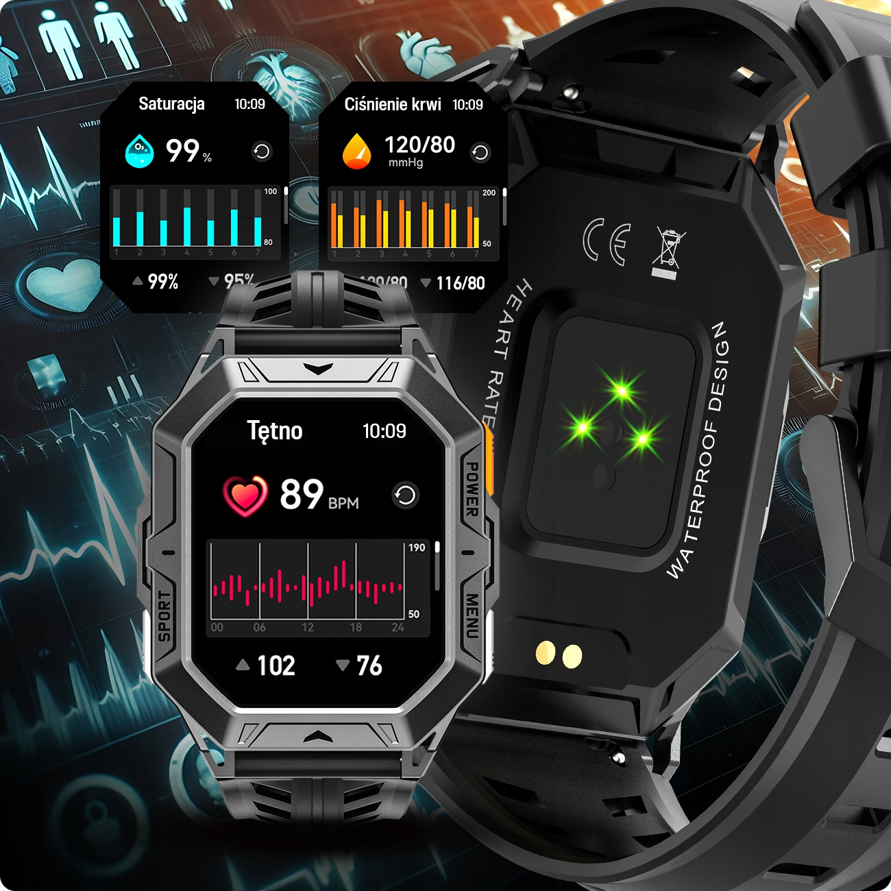 Wyświetlacz smartwatch pokazuje tętno, tlen we krwi i ciśnienie krwi.