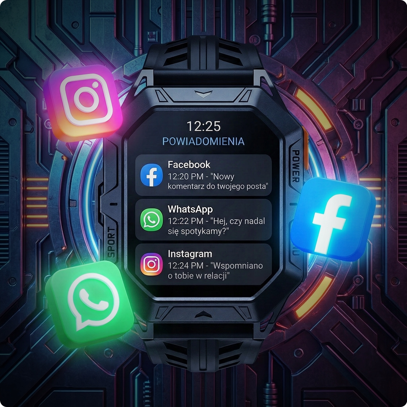 Smartwatch wyświetla powiadomienia z Facebooka, WhatsAppa i Instagrama.