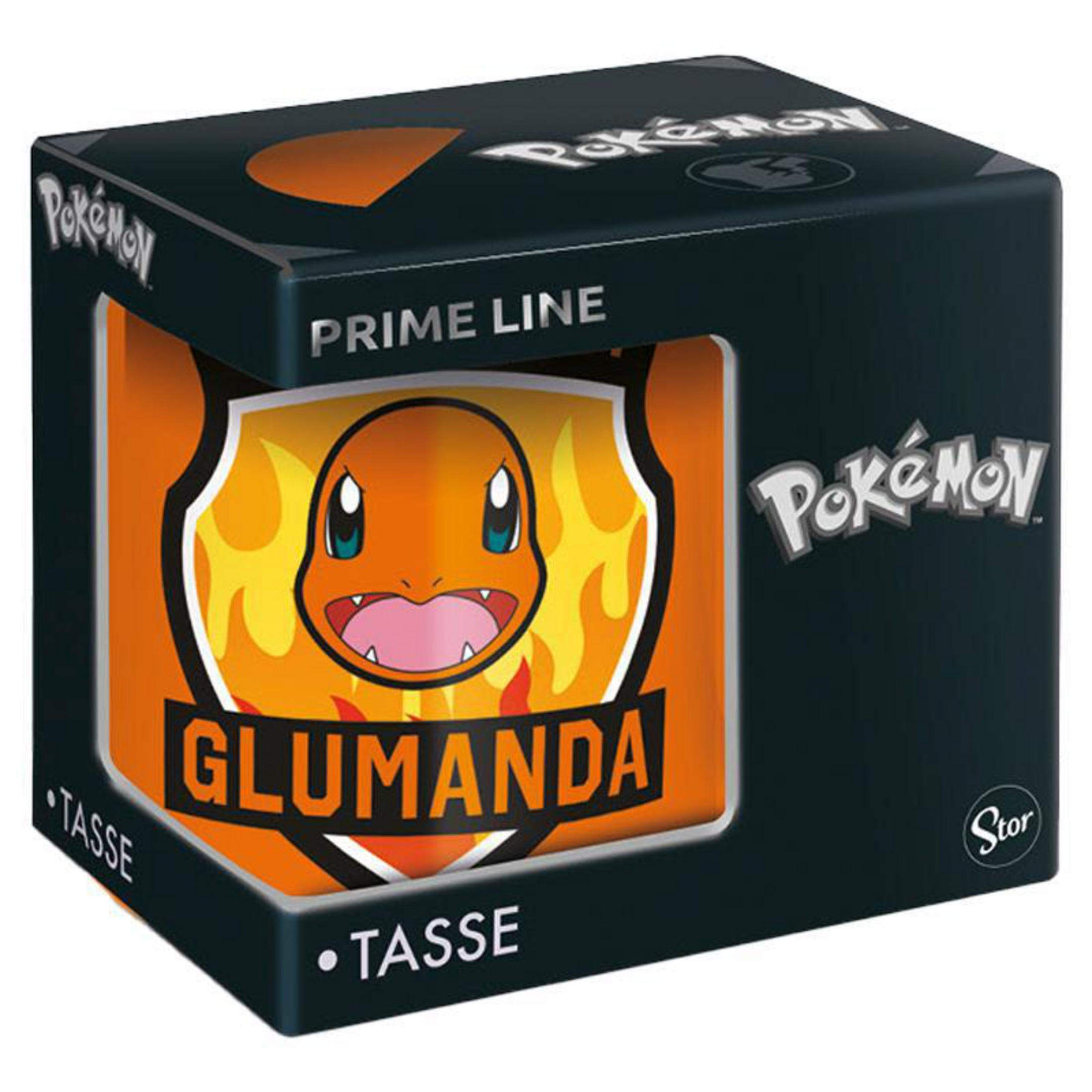 Verpackung für eine Tasse mit dem Pokémon Glumanda-Motiv und Pokémonschriftzug.