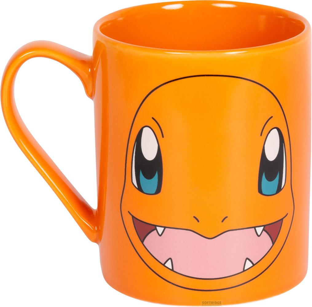 Eine orangefarbene Tasse mit dem Gesicht von Charmander, einem Pokémon-Charakter.
