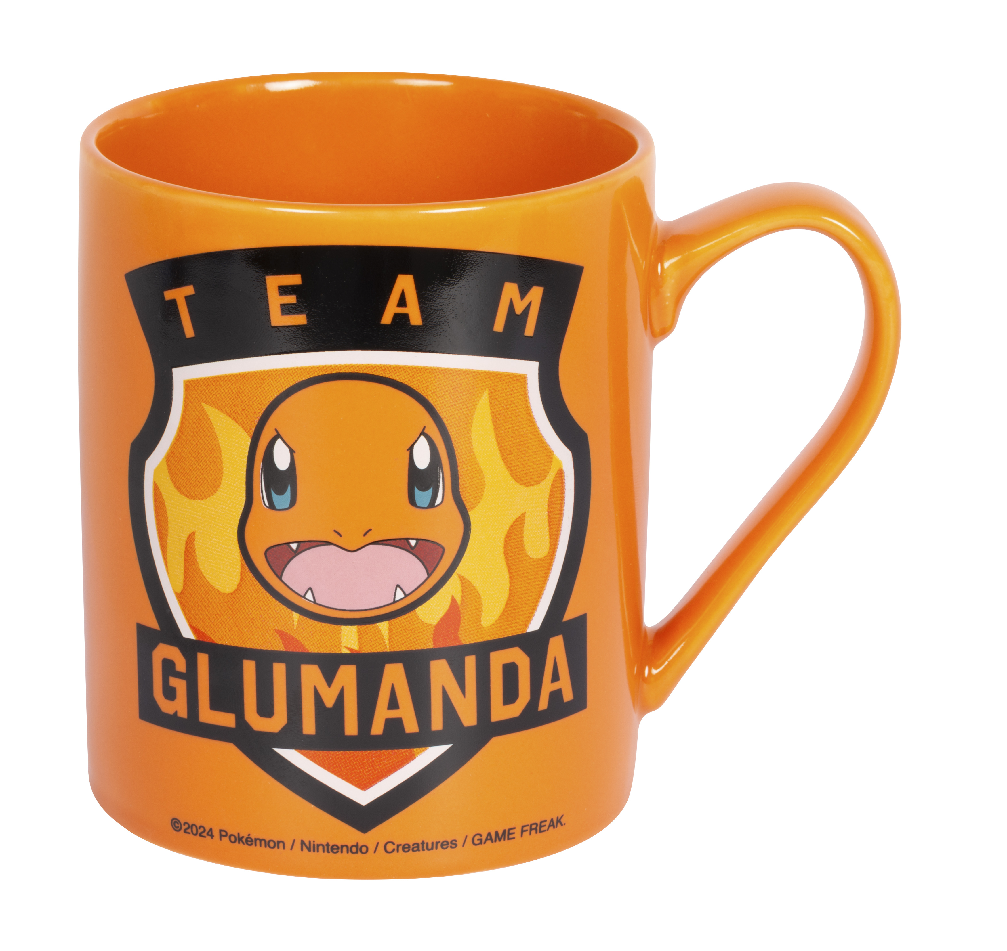 Orange Tasse mit Charmander-Motiv und Aufschrift TEAM GLUMANDA.