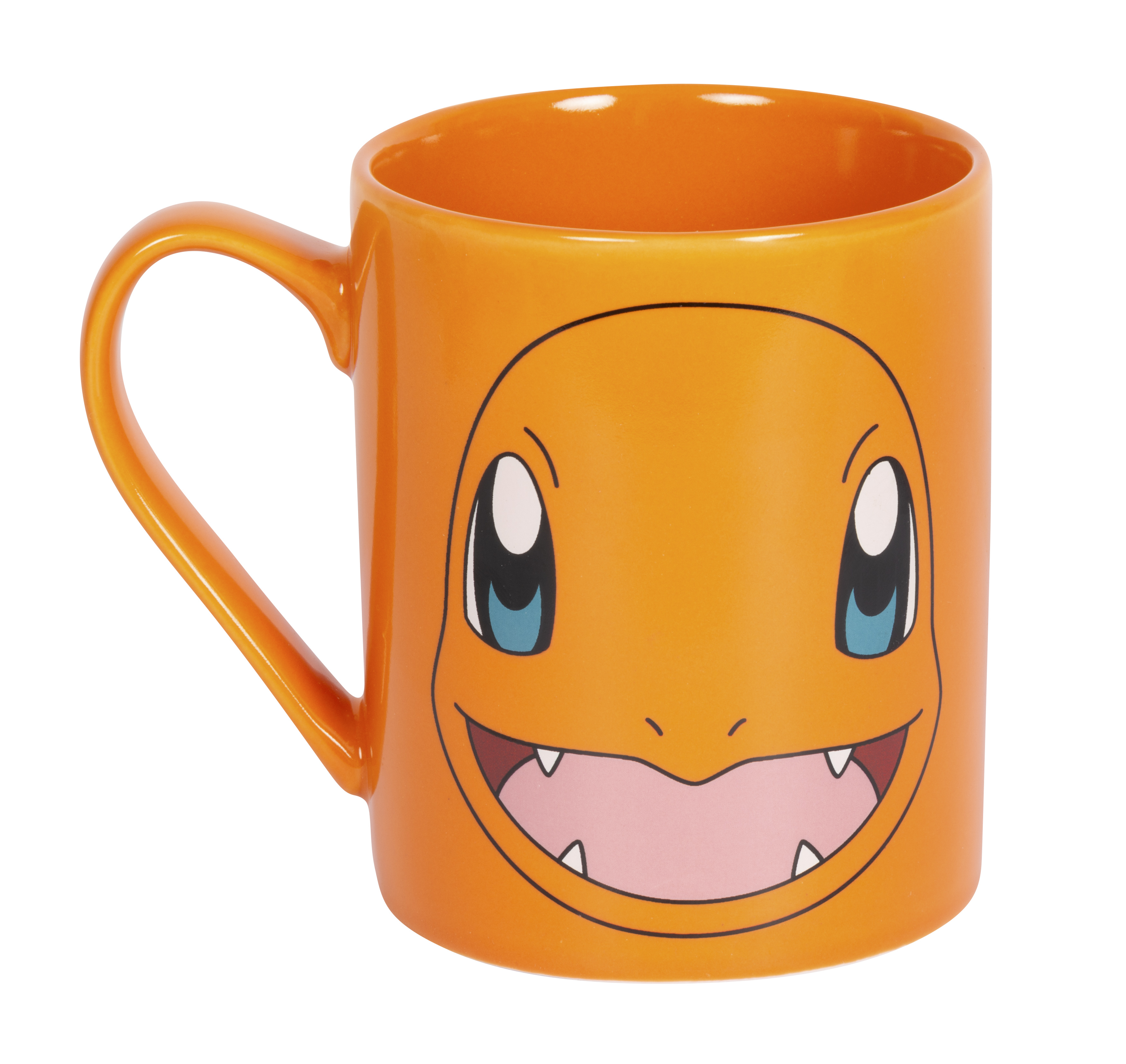 Orange Tasse mit Charmander-Gesicht und Henkel, auf weißem Hintergrund.