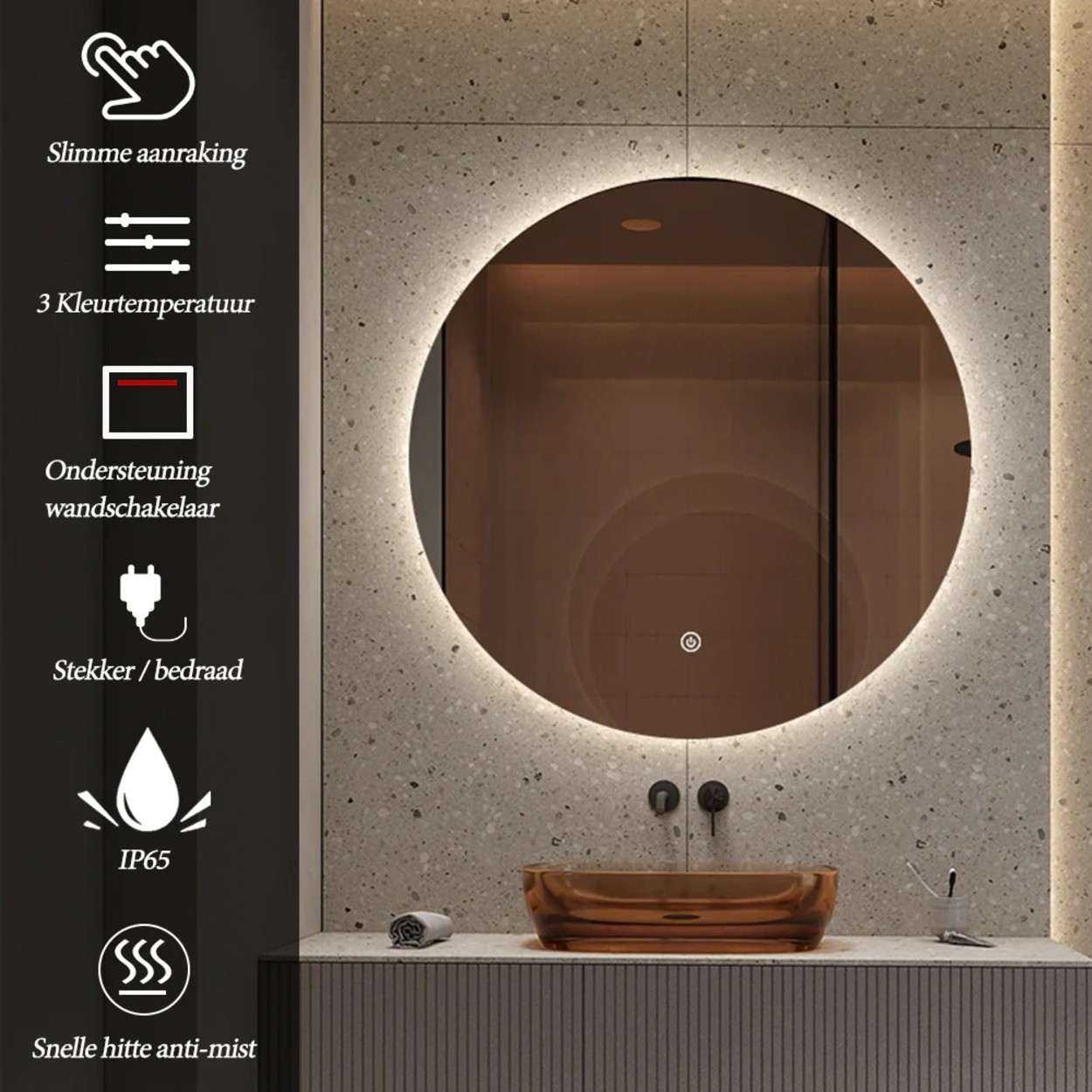 Moderne ronde spiegel met LED-verlichting en touch control, boven een wastafel.