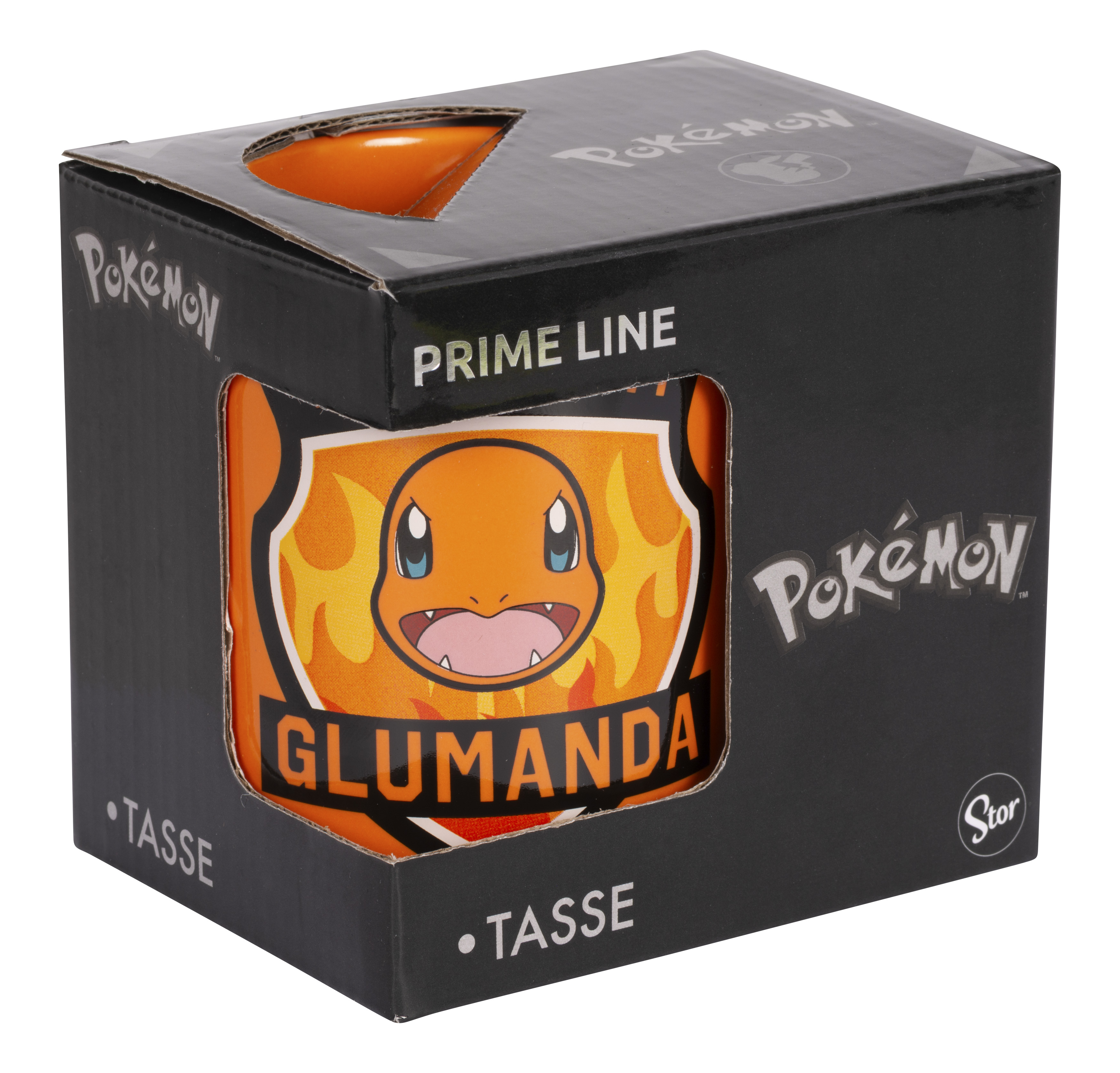 Ein Pokémon-Becher mit Glumanda auf der Verpackung.