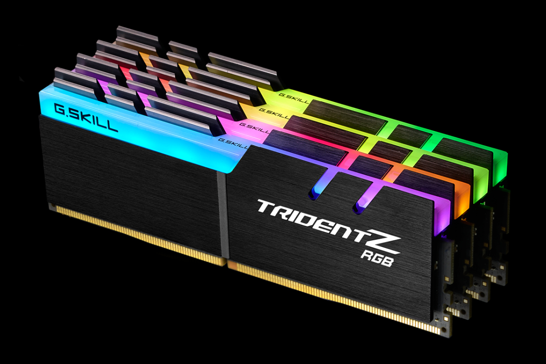G.Skill Trident Z RGB RAM-Riegel mit farbiger Beleuchtung auf schwarzem Hintergrund.