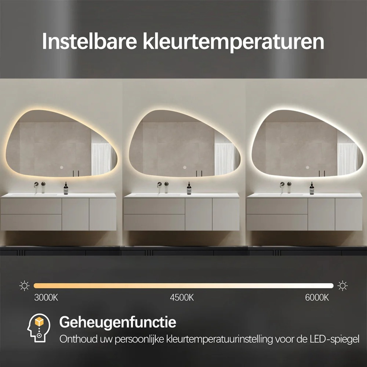 Drie spiegels met verschillende lichttemperaturen: warm, neutraal en koel wit.