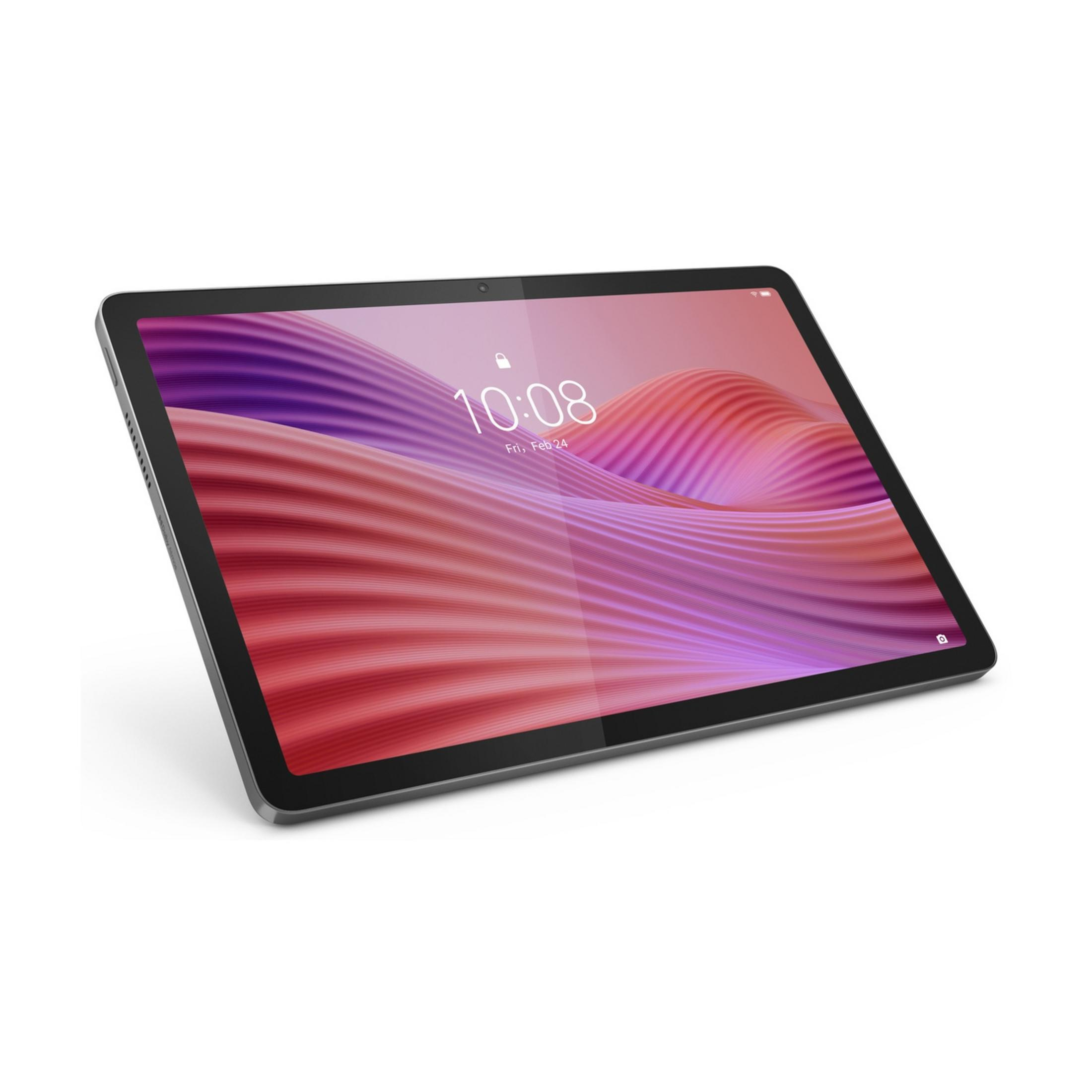Un tablet con uno sfondo ondulato rosso e viola.