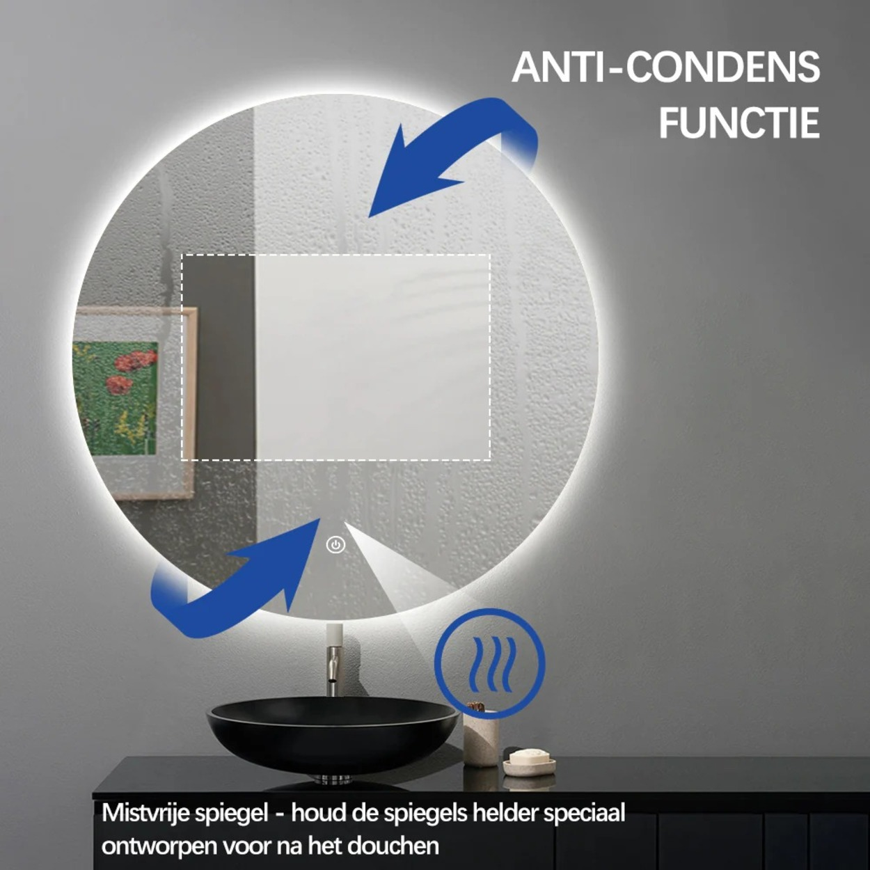 Een ronde spiegel met anti-condens functie, verlicht, met pijlen die luchtcirculatie tonen.