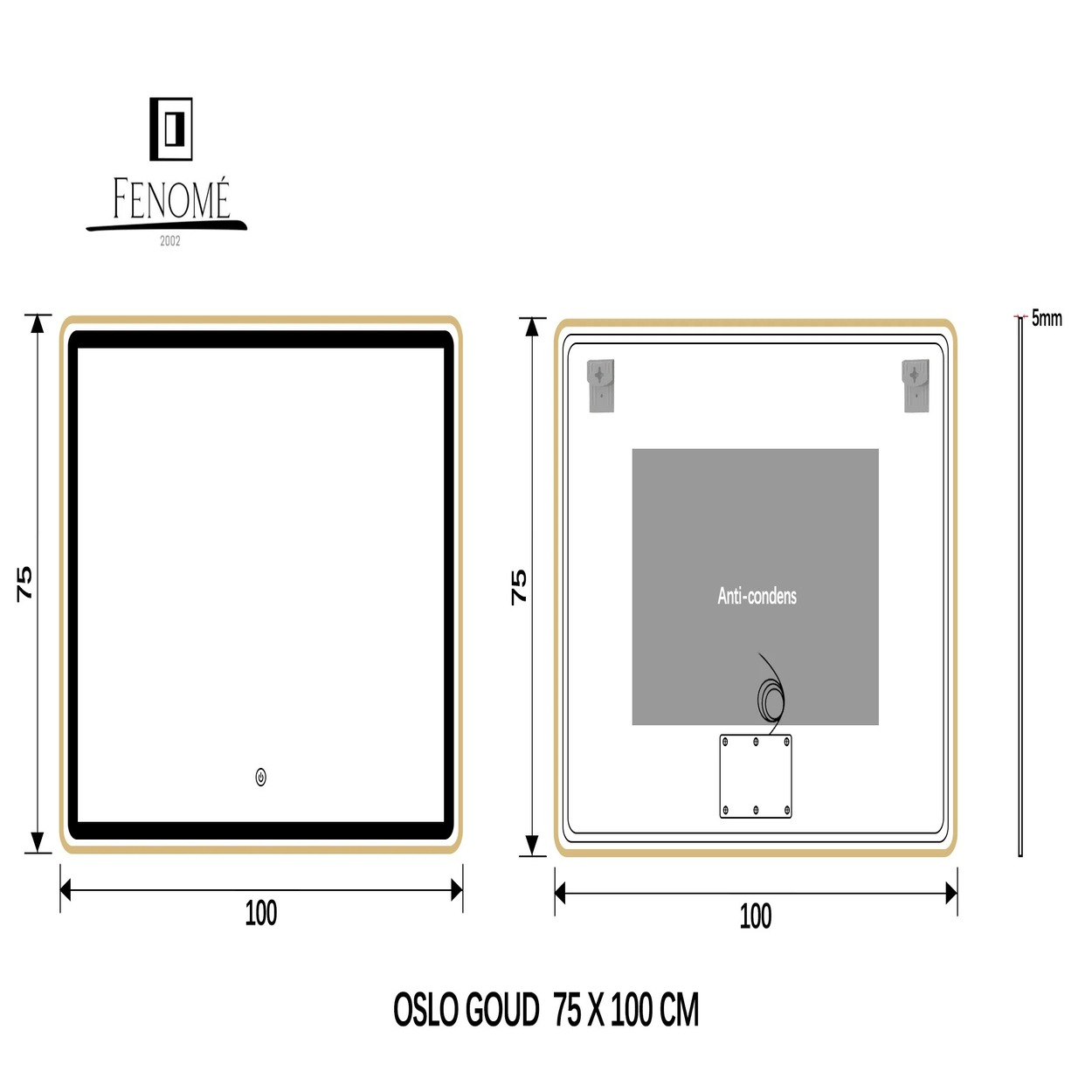 Technische tekening van een spiegel, 75x100cm, met anti-condens functie.