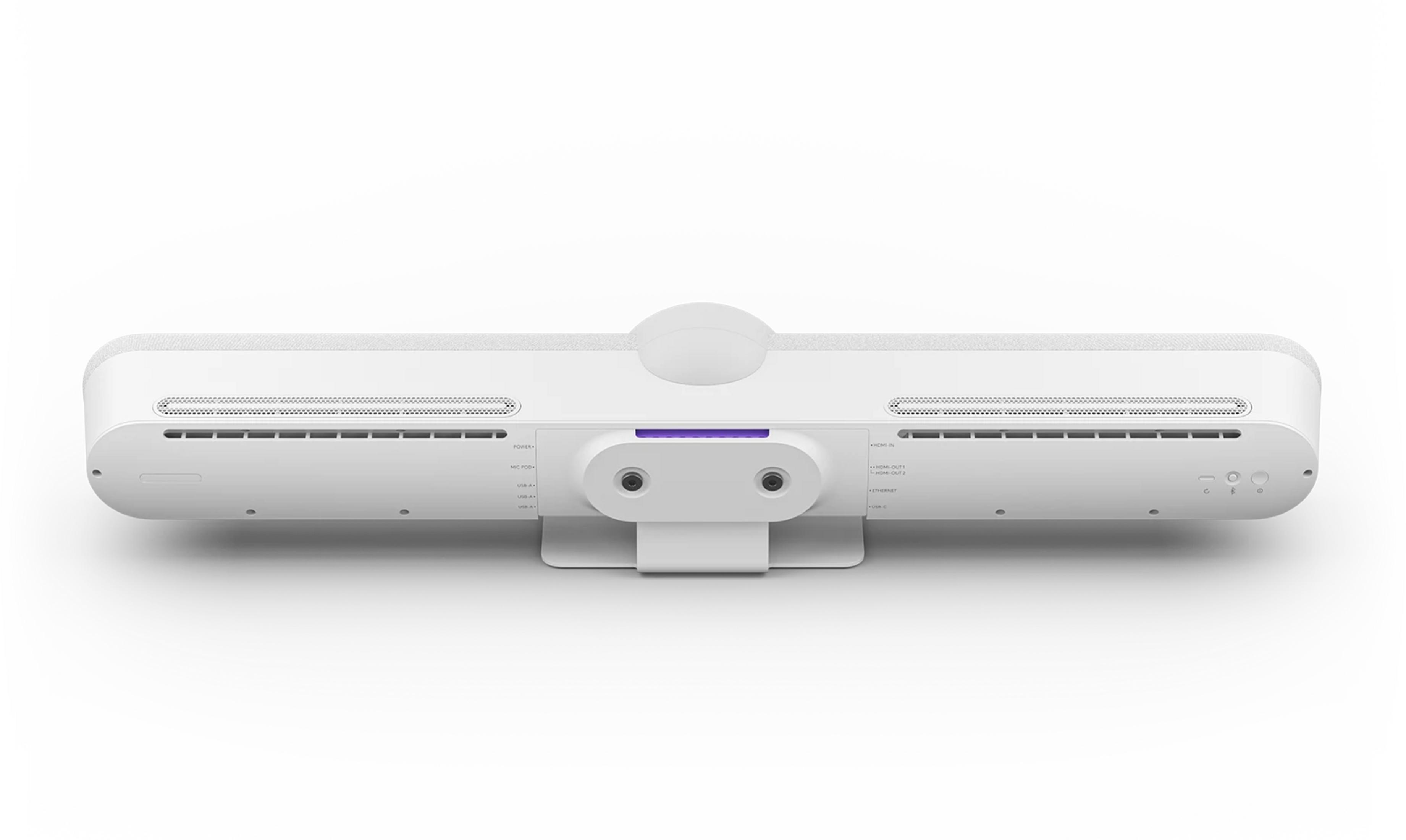 Weißes Gerät mit Anschlüssen: POWER, USB, HDMI, ETHERNET. Lila Licht leuchtet.