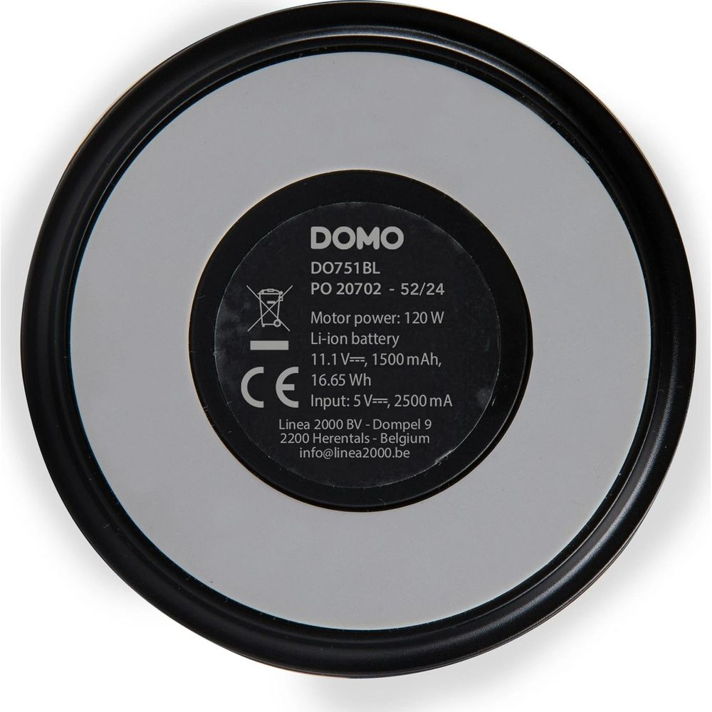 Étiquette avec logo DOMO, modèle DO751BL, puissance 120W, batterie Li-ion.