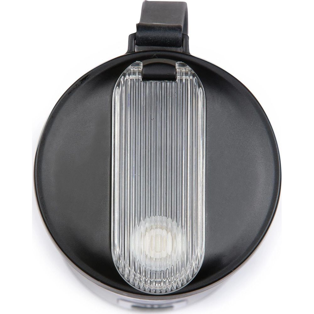 Feu arrière de vélo noir avec verre nervuré et sangle noire.