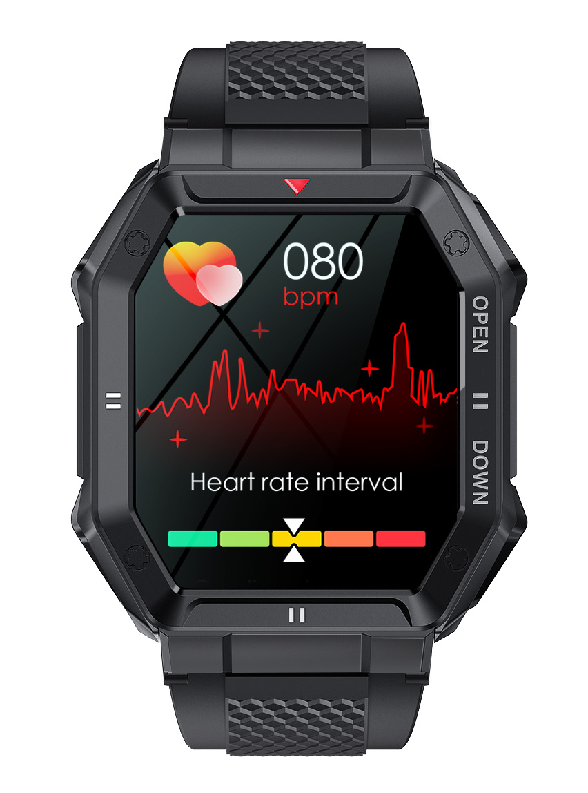 Czarny smartwatch pokazujący tętno: 080 bpm, wykres i strefy kolorów.