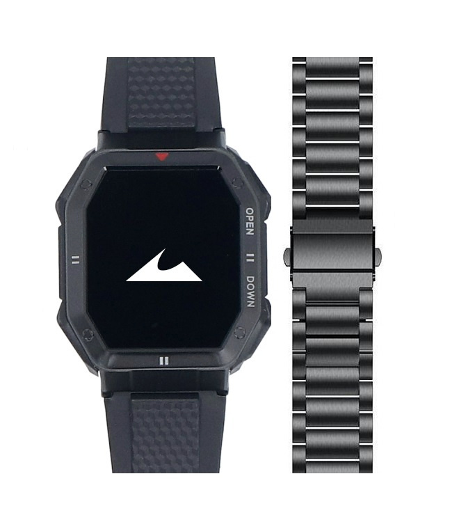 Czarny smartwatch z cyfrowym paskiem i obok metalowa bransoleta.