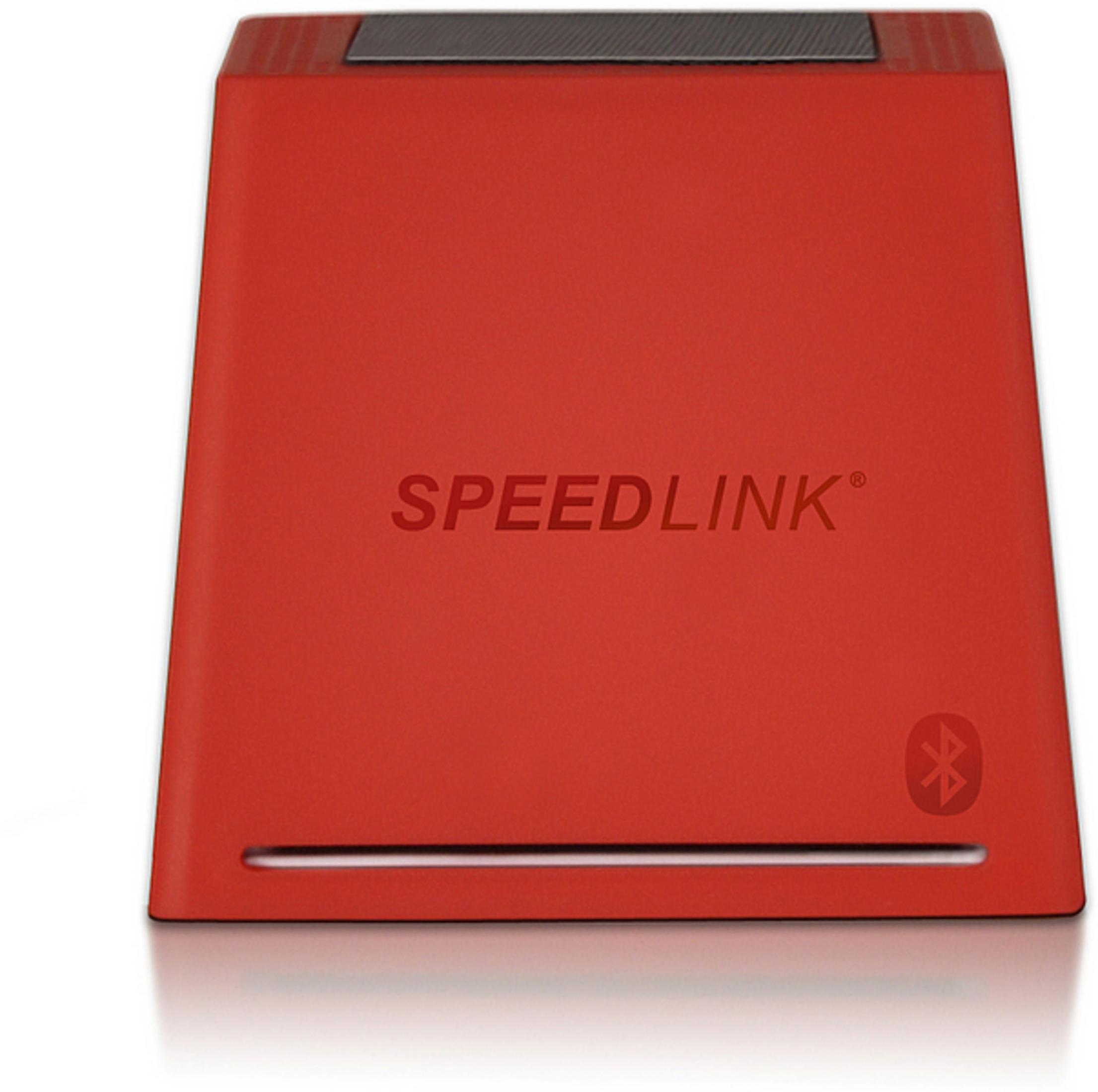 Ein rotes Speedlink-Gerät mit Bluetooth-Symbol und Schlitz.