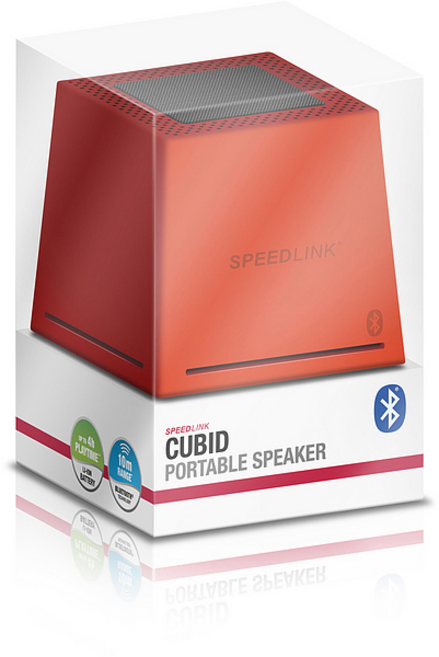 Roter Bluetooth-Lautsprecher im Karton mit Speedlink-Logo und Schriftzug CUBID.