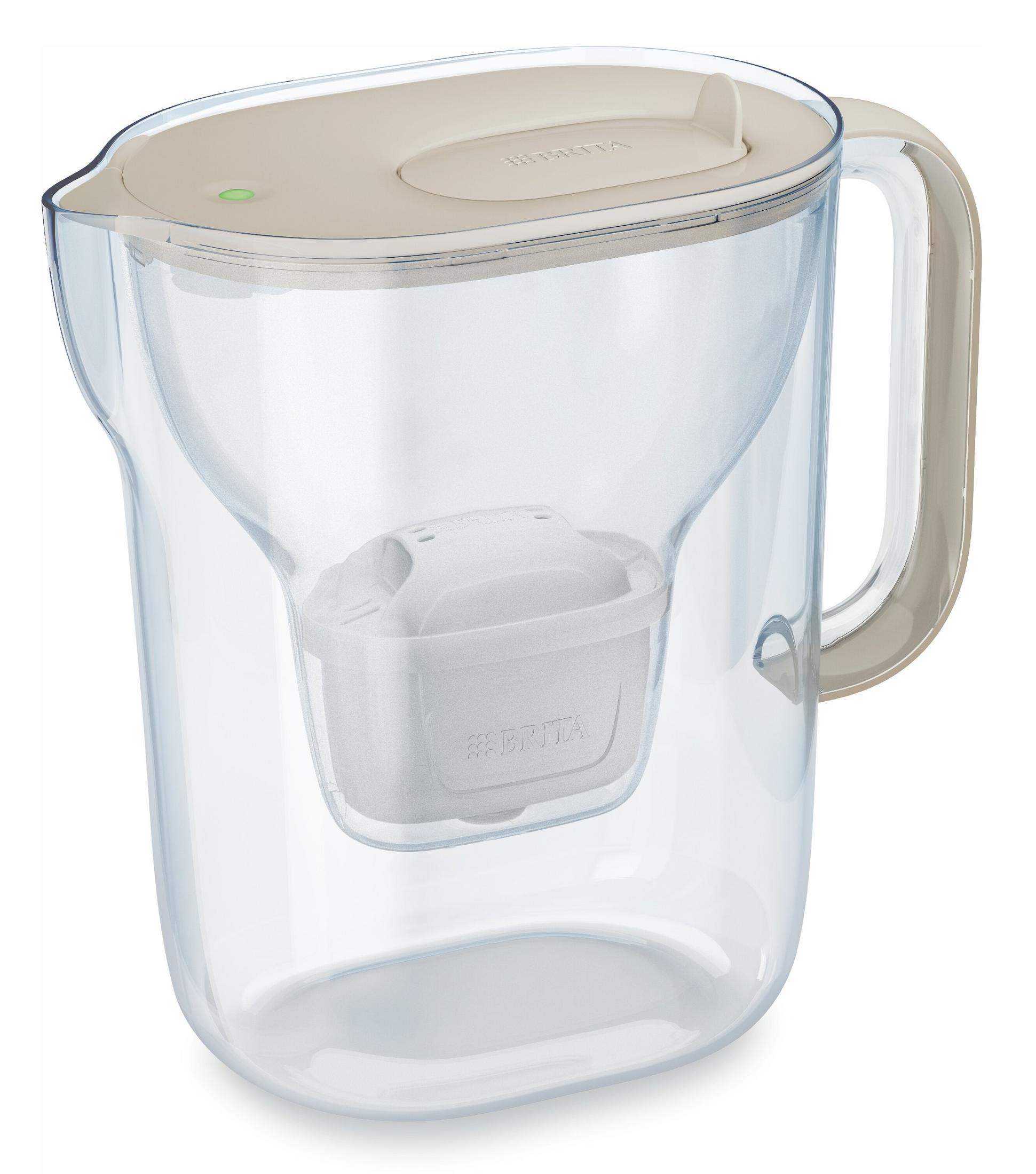 Caraffa filtrante per acqua trasparente con coperchio e manico color cuoio, inserto bianco.