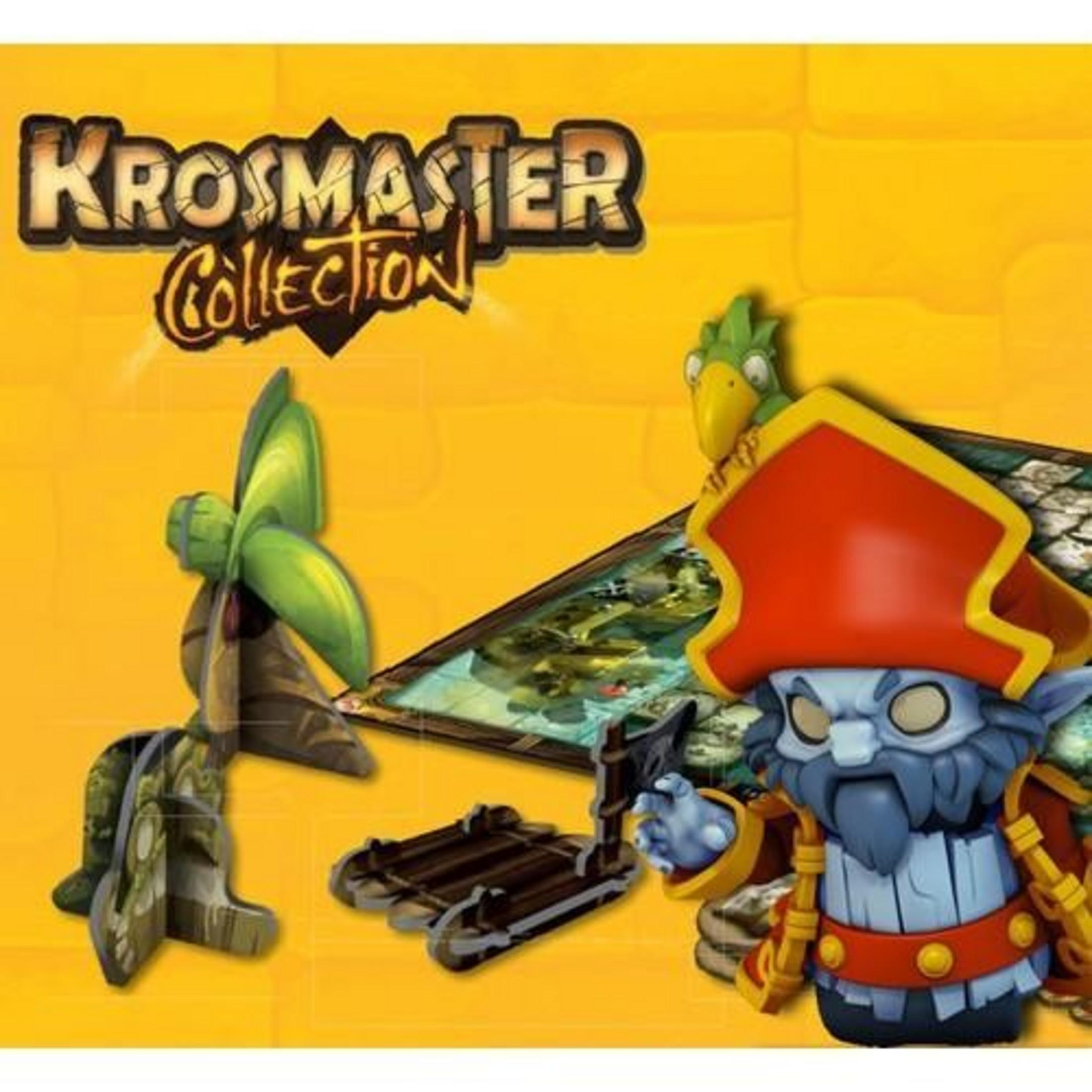 Juego Krosmaster con figuras: pirata, loro, palmera y tablero.