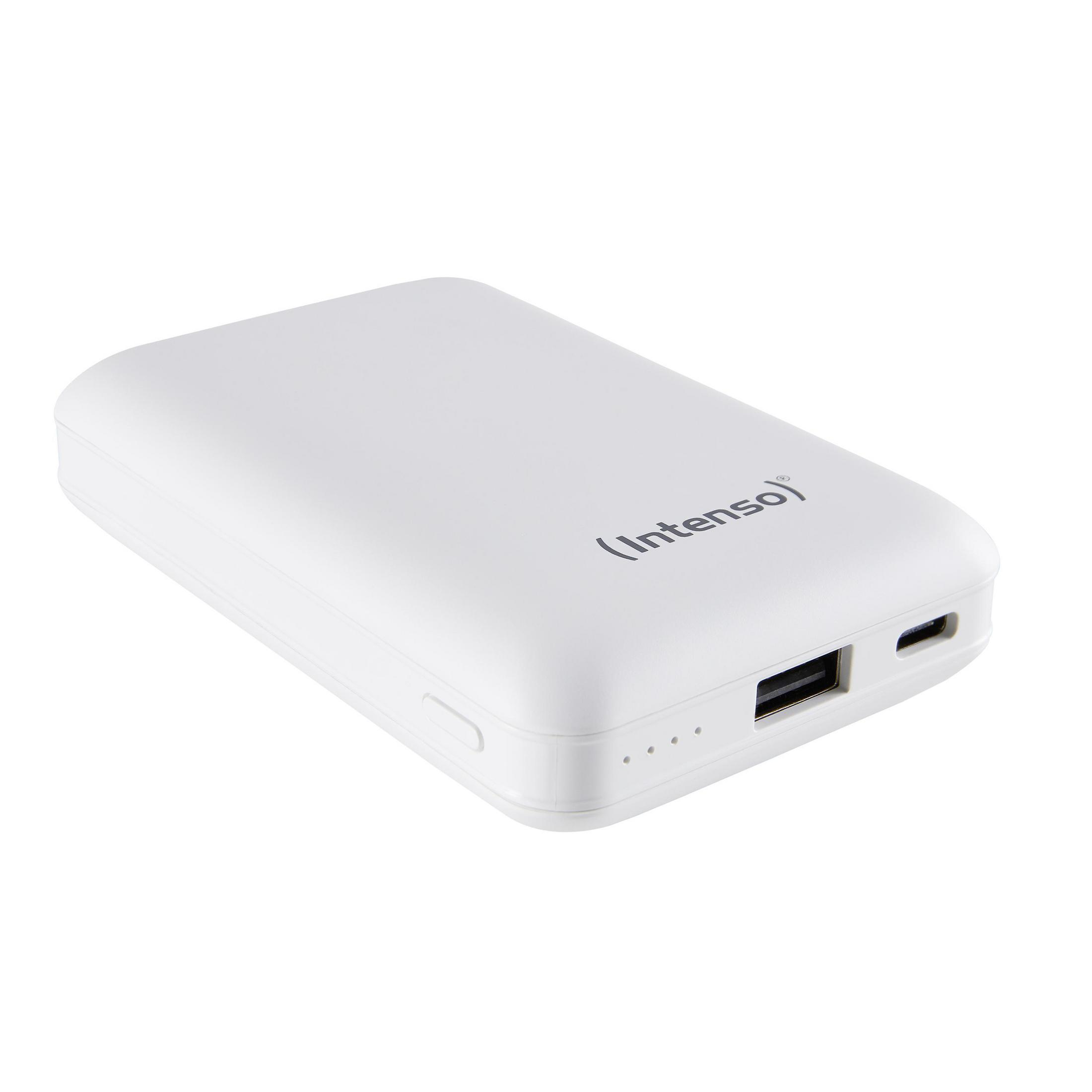 Eine weiße Intenso Powerbank mit USB-A und USB-C Anschlüssen ist abgebildet.