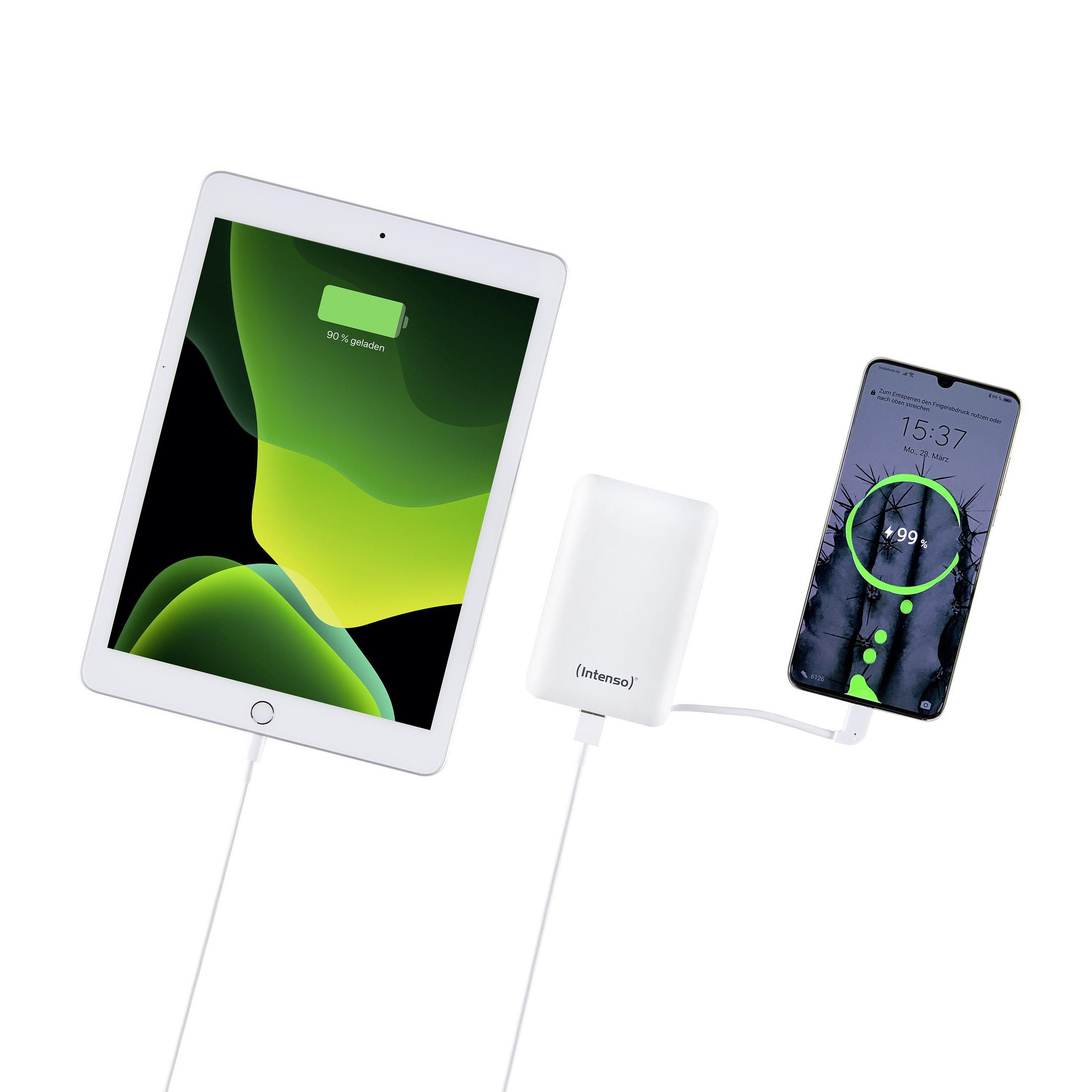 Ein weißes Lade-Case lädt ein Tablet und ein Smartphone, beide mit grünen Akkusymbolen.