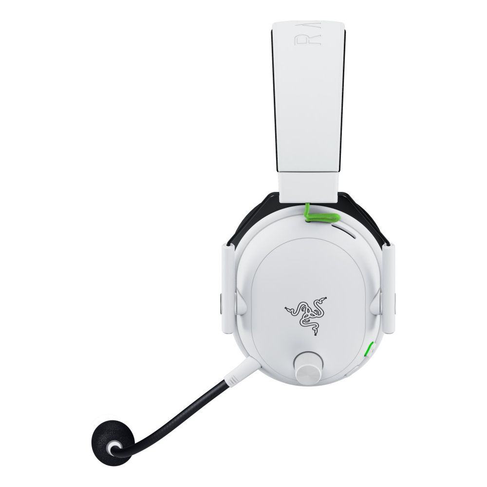 Cuffie da gaming bianche con microfono e accenti verdi.