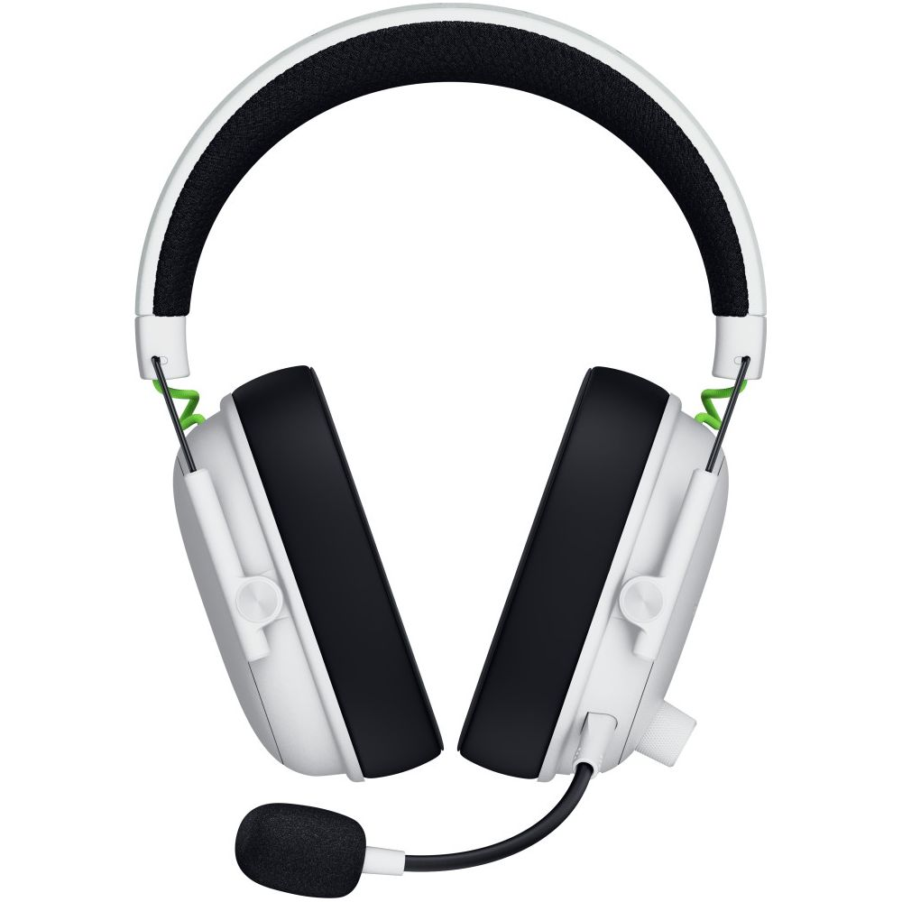 Cuffie da gaming bianche con padiglioni neri e accenti verdi. Microfono staccabile anteriore.