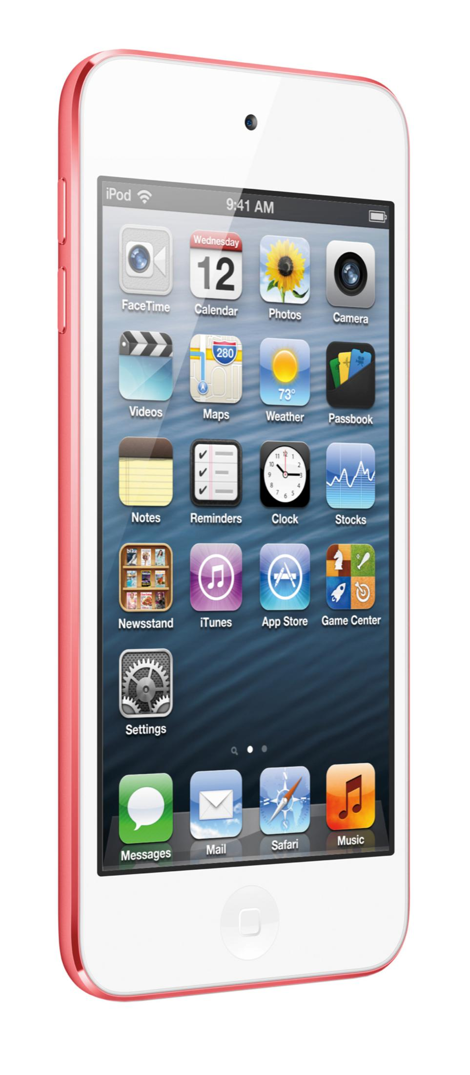 Ein rosafarbener iPod Touch mit einem hellen Bildschirm, der die App-Symbole zeigt.