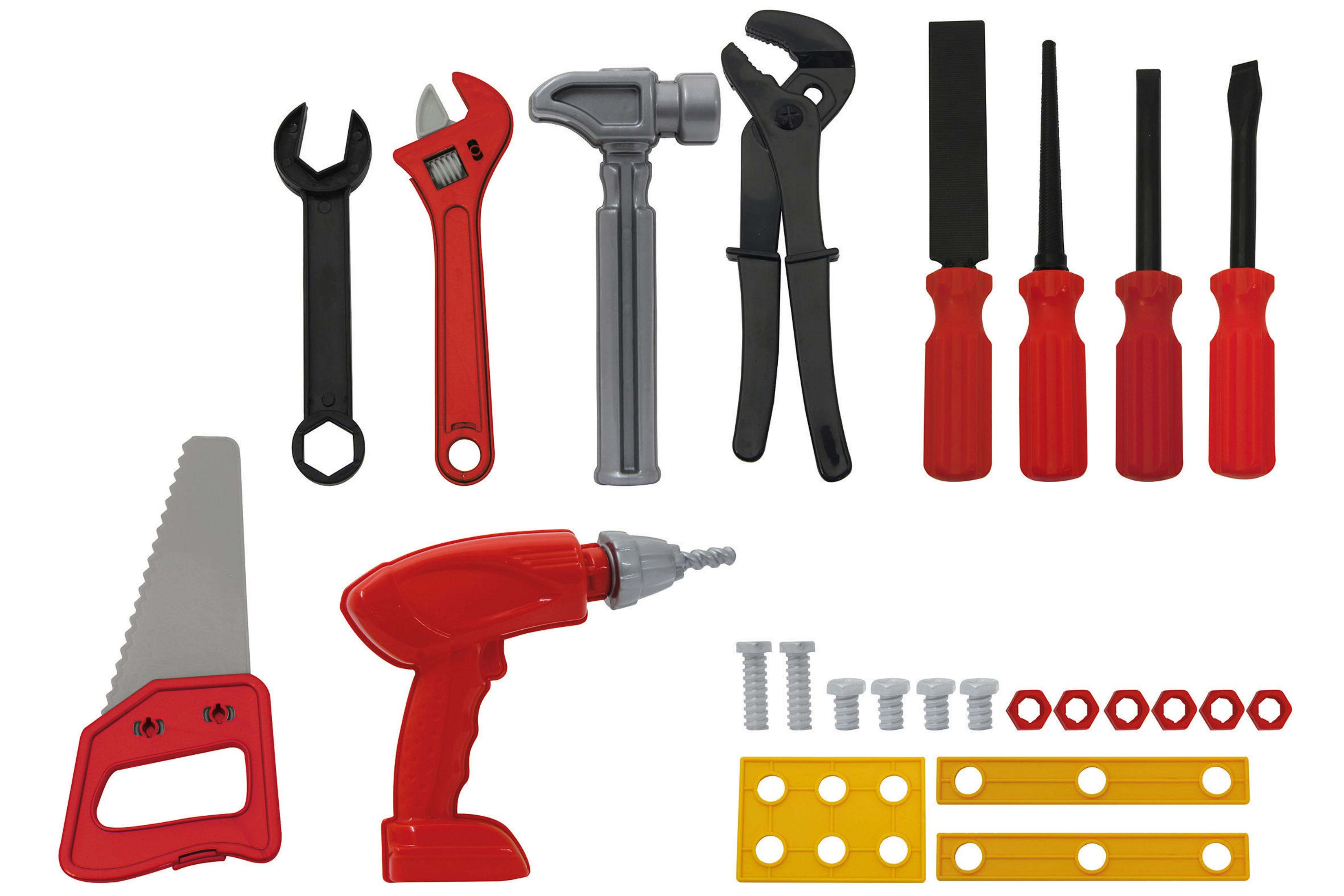 Werkzeugset mit Säge, Bohrer, Schraubenschlüsseln, Zange, Feile, Schraubendrehern, Schrauben, Muttern und Platten.