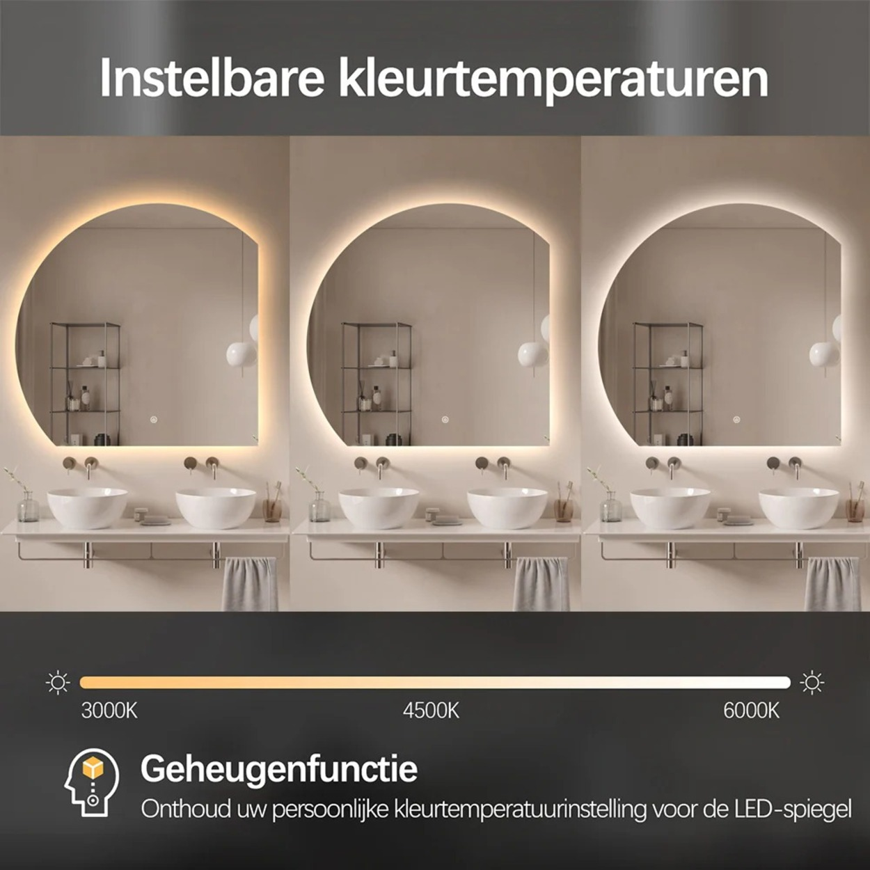 Een spiegel met instelbare lichtkleur, van warm wit tot koel wit.