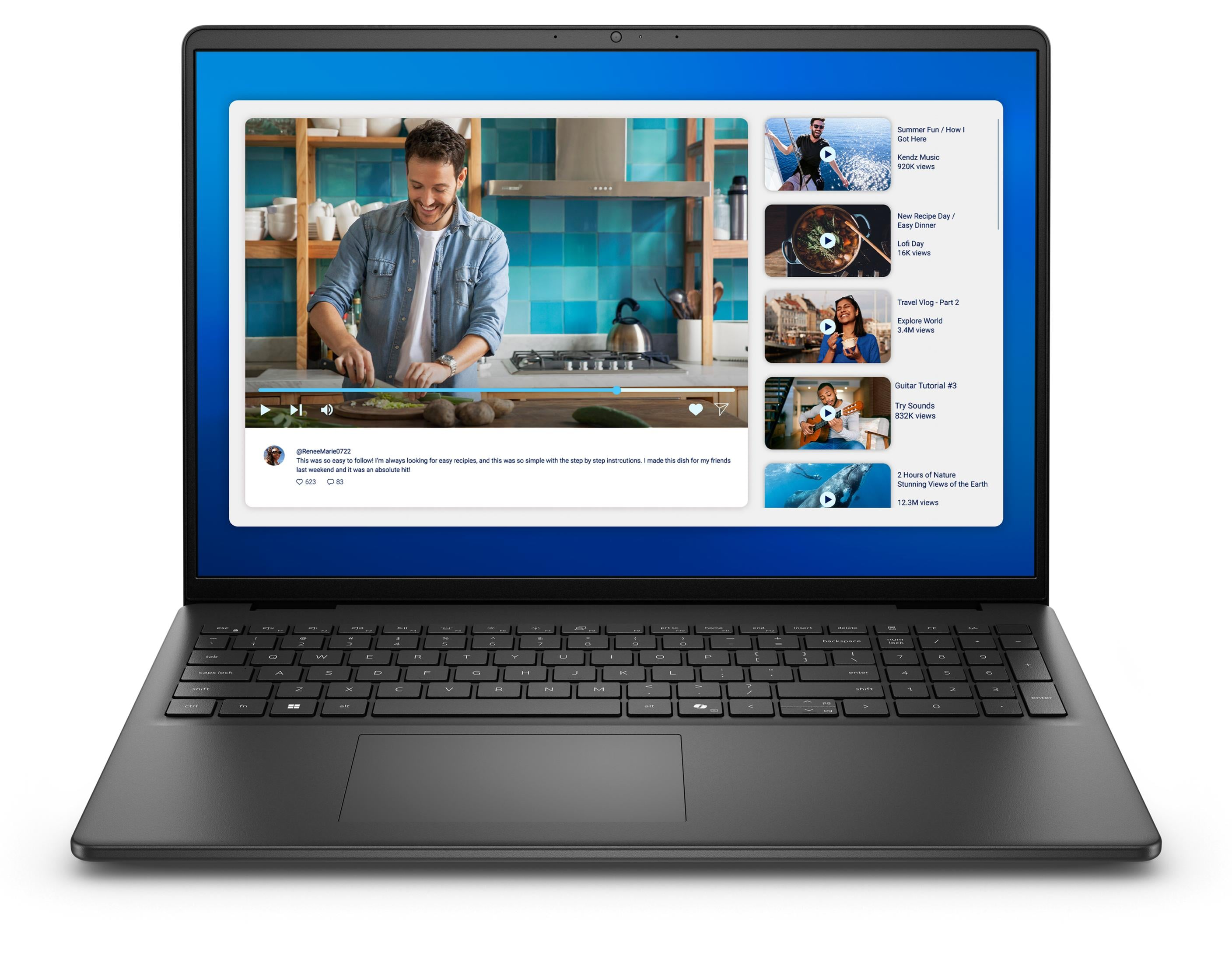 Laptop zeigt Kochvideo mit Mann, der Gemüse schneidet, und anderen Videominiaturansichten.